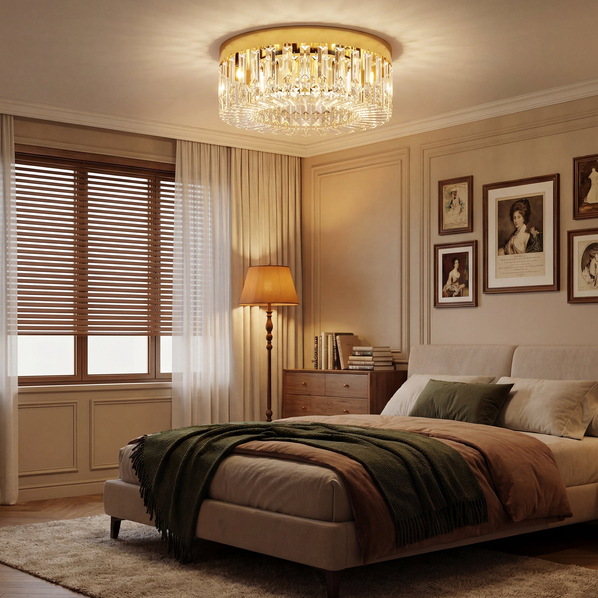 Crystal Chandeliers Ceiling Light with 160 Crystal Pendants, Modern 6-Light Flush Mount Ceiling Light for Living Room, Bedroom, Dining Room, Hall, Gold Tone