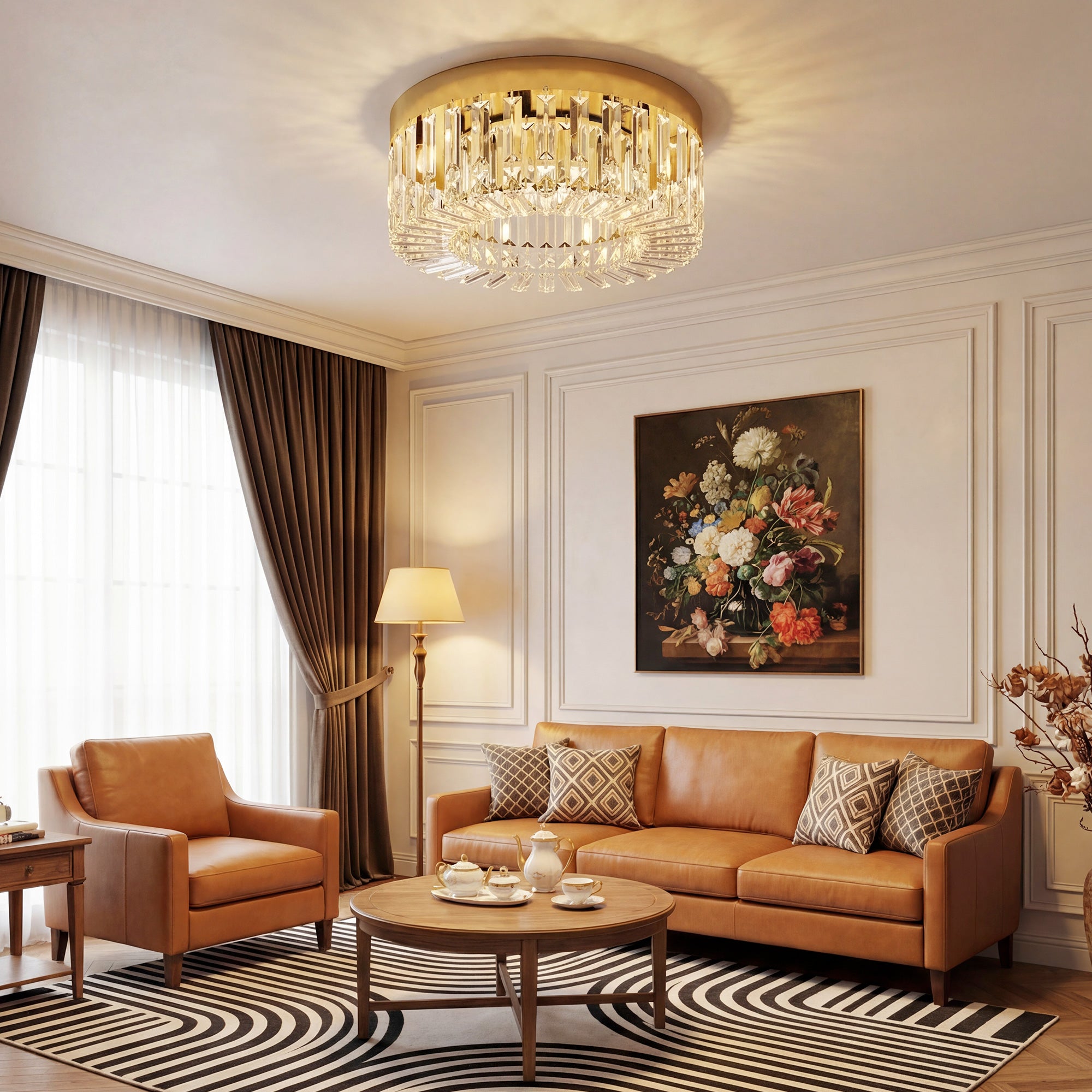 Crystal Chandeliers Ceiling Light with 160 Crystal Pendants, Modern 6-Light Flush Mount Ceiling Light for Living Room, Bedroom, Dining Room, Hall, Gold Tone