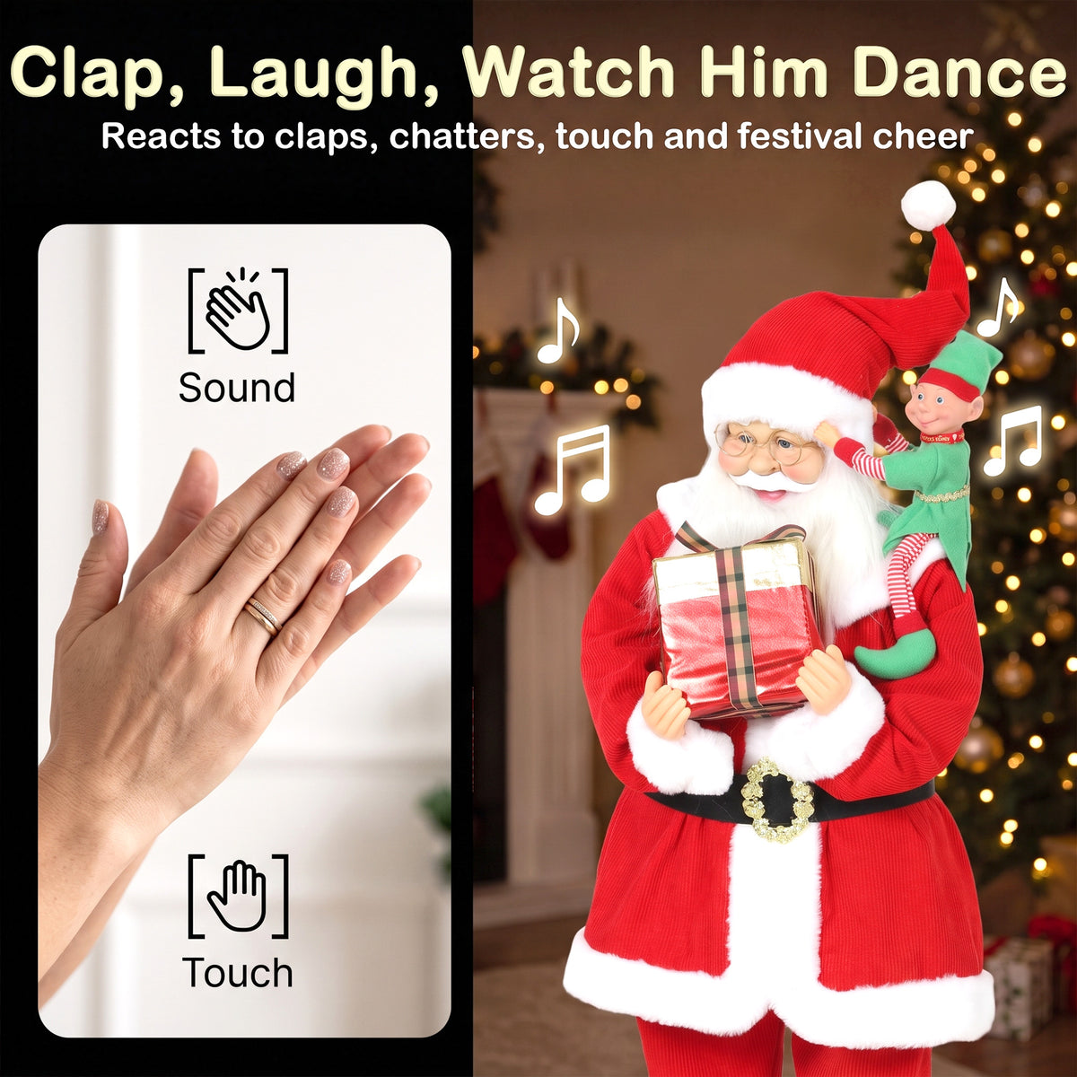 4ft Life Size Singing Dancing Santa Claus, 120 cm Standing Musical Animated Santa with Elf, Gift Box, Handcrafted, Sound Touch Activated, Moving Christmas Figure Decoration
