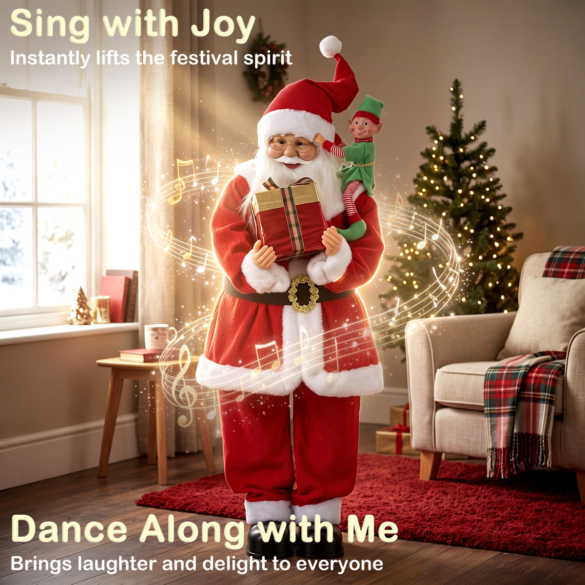4ft Life Size Singing Dancing Santa Claus, 120 cm Standing Musical Animated Santa with Elf, Gift Box, Handcrafted, Sound Touch Activated, Moving Christmas Figure Decoration