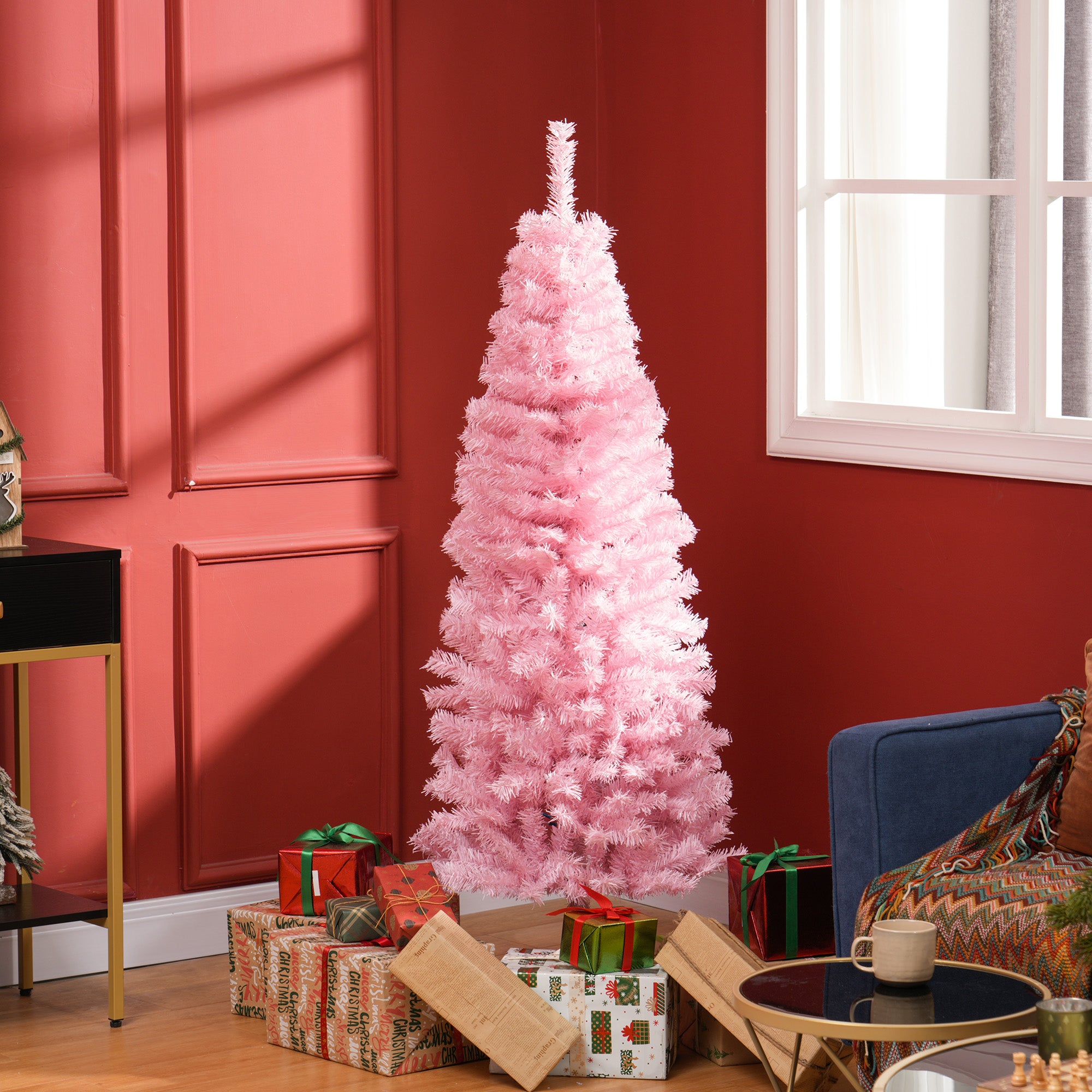 HOMCOM 5FT Artificial Christmas Tree Holiday Xmas Holiday Pencil Tree Decoration with Automatic Open for Home Party, Pink