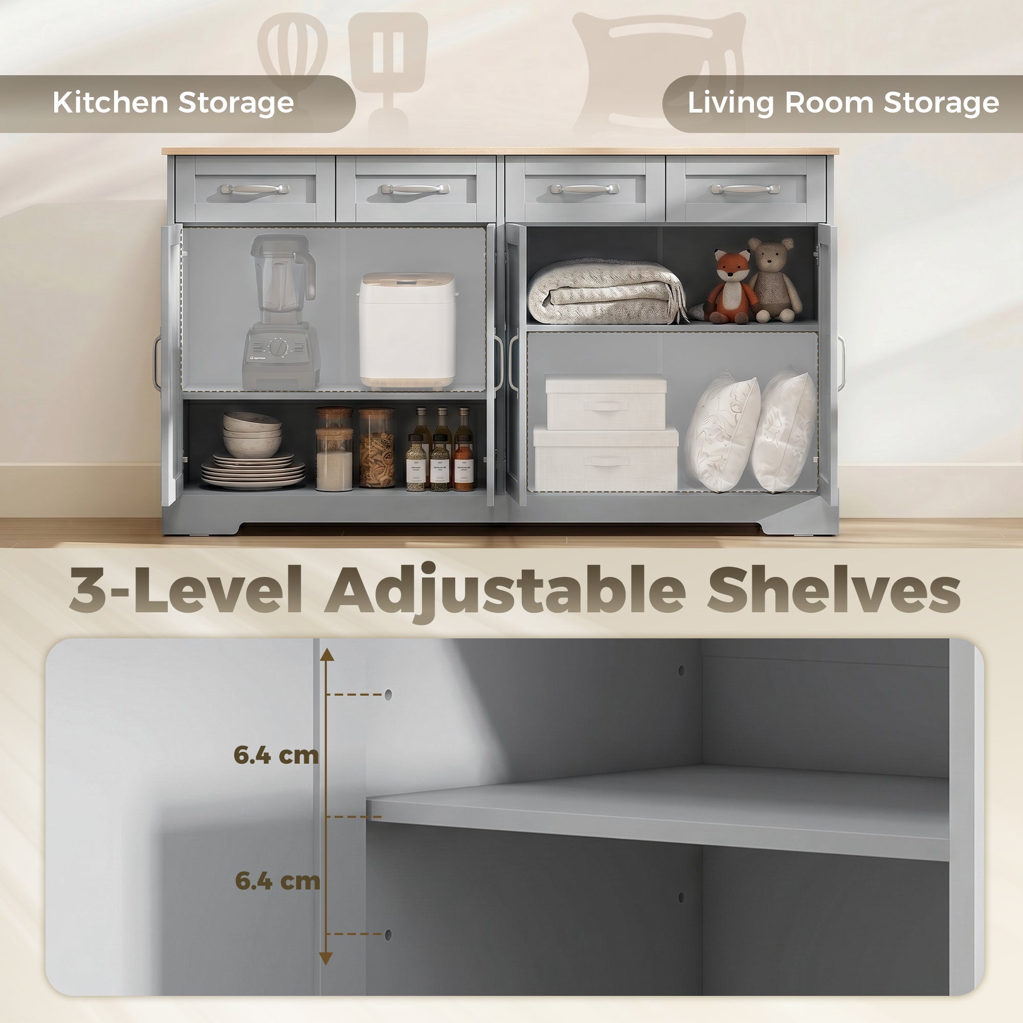 Sideboard Buffet Cabinet, 140 cm Modern Farmhouse Kitchen Storage Cabinet with 4 Drawers, 4 Doors and 2 Adjustable Shelves, Coffee Bar Station, Grey