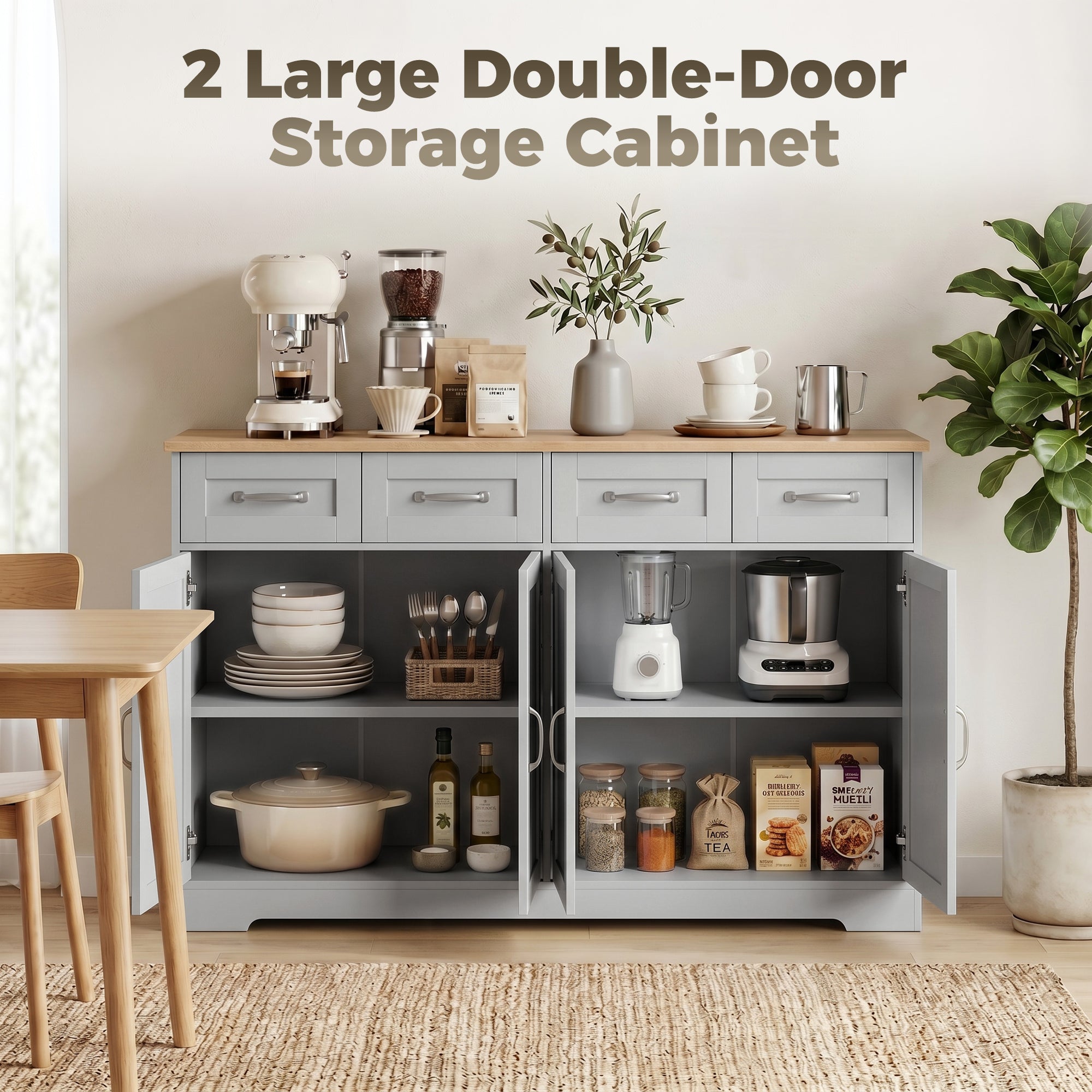 Sideboard Buffet Cabinet, 140 cm Modern Farmhouse Kitchen Storage Cabinet with 4 Drawers, 4 Doors and 2 Adjustable Shelves, Coffee Bar Station, Grey
