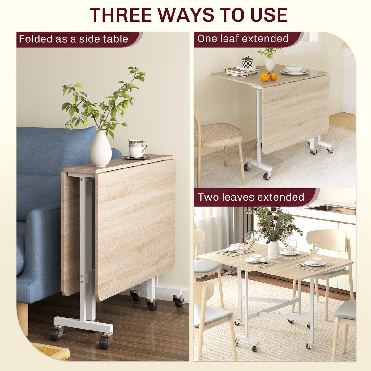 Mobile Drop Leaf Table, Folding Dining Table with 6 Wheels & Brakes, Rolling Kitchen Table for Small Spaces, 47.2", Oak