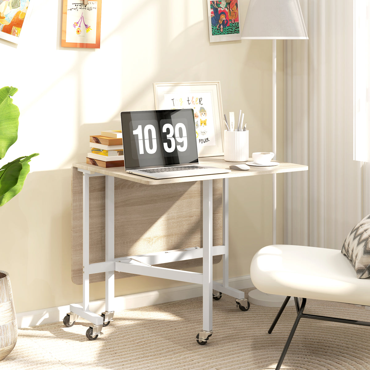 Mobile Drop Leaf Table, Folding Dining Table with 6 Wheels & Brakes, Rolling Kitchen Table for Small Spaces, 47.2", Oak