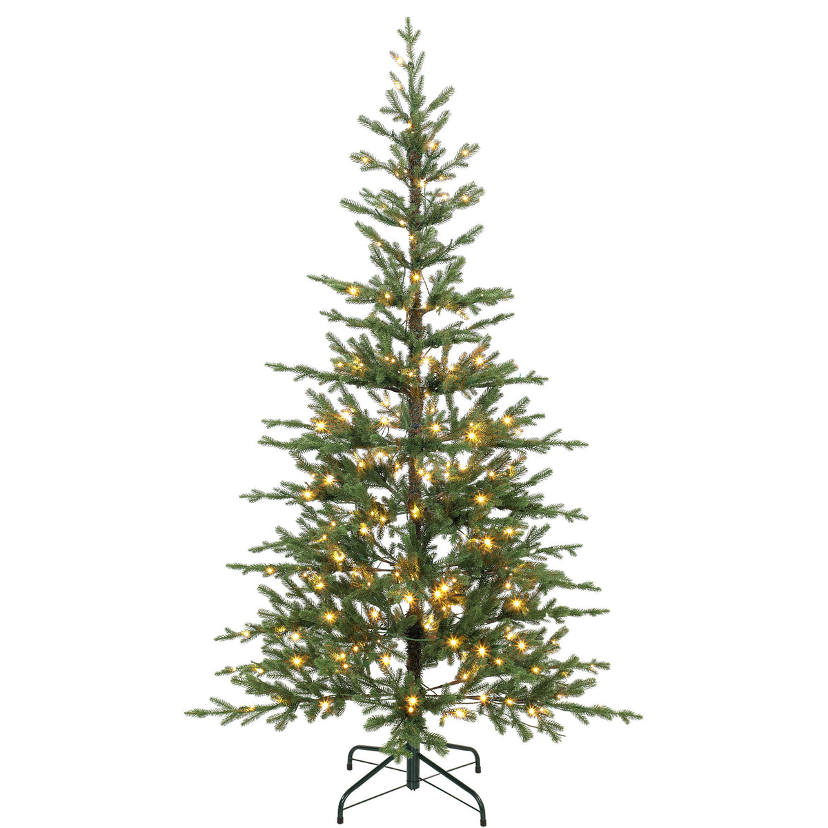 7ft Prelit Sparse Christmas Tree, Artificial Downswept Hinged Xmas Tree with 300 Warm White LED Lights, 8 Modes, 2517 Tips, Metal Stand, Green