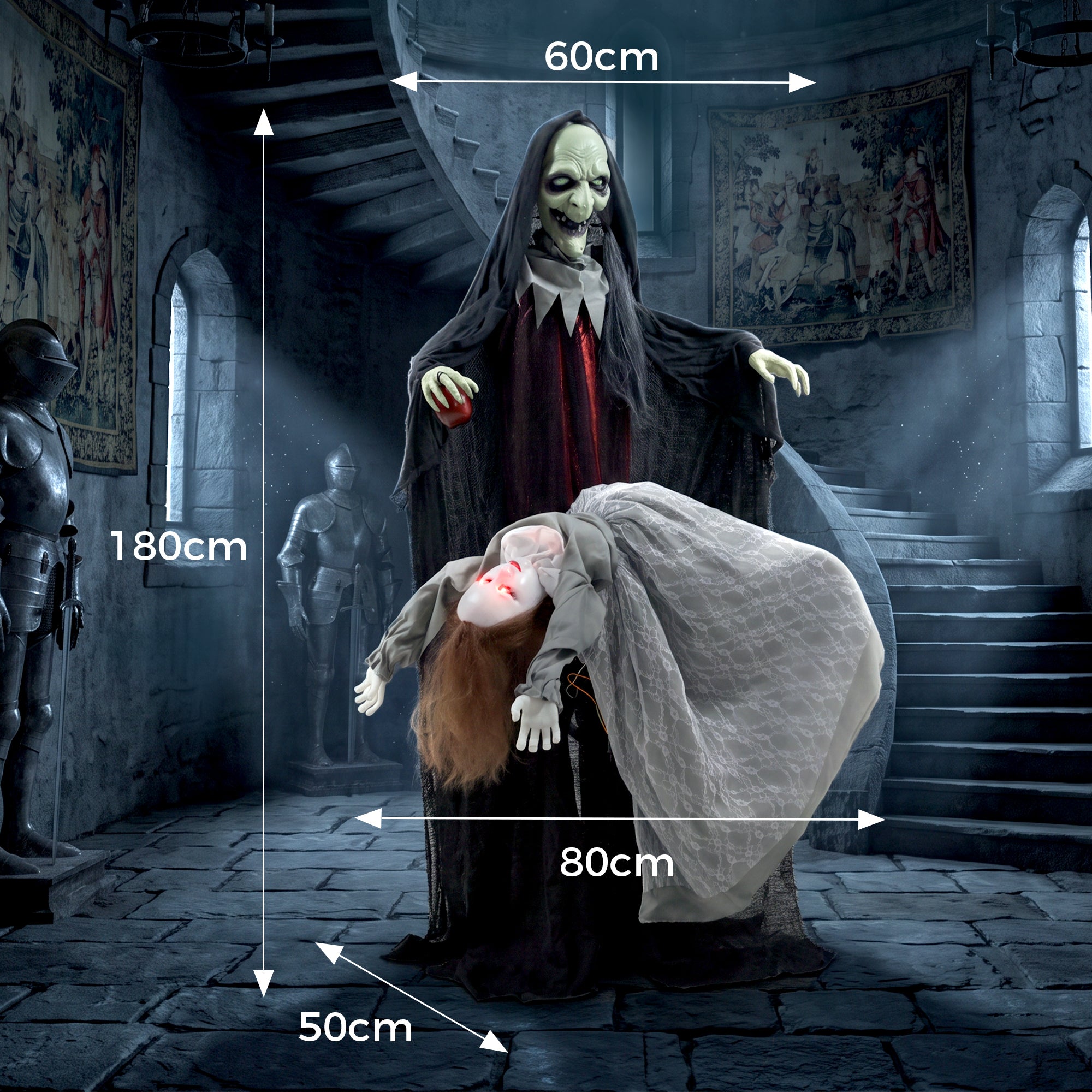 71" Halloween Animated Standing Witch with Floating Ghost Decoration, Halloween Animated Prop with Light-Up Eyes, Sound and Touch Activated, Rising and Falling Motion for Haunted House Party