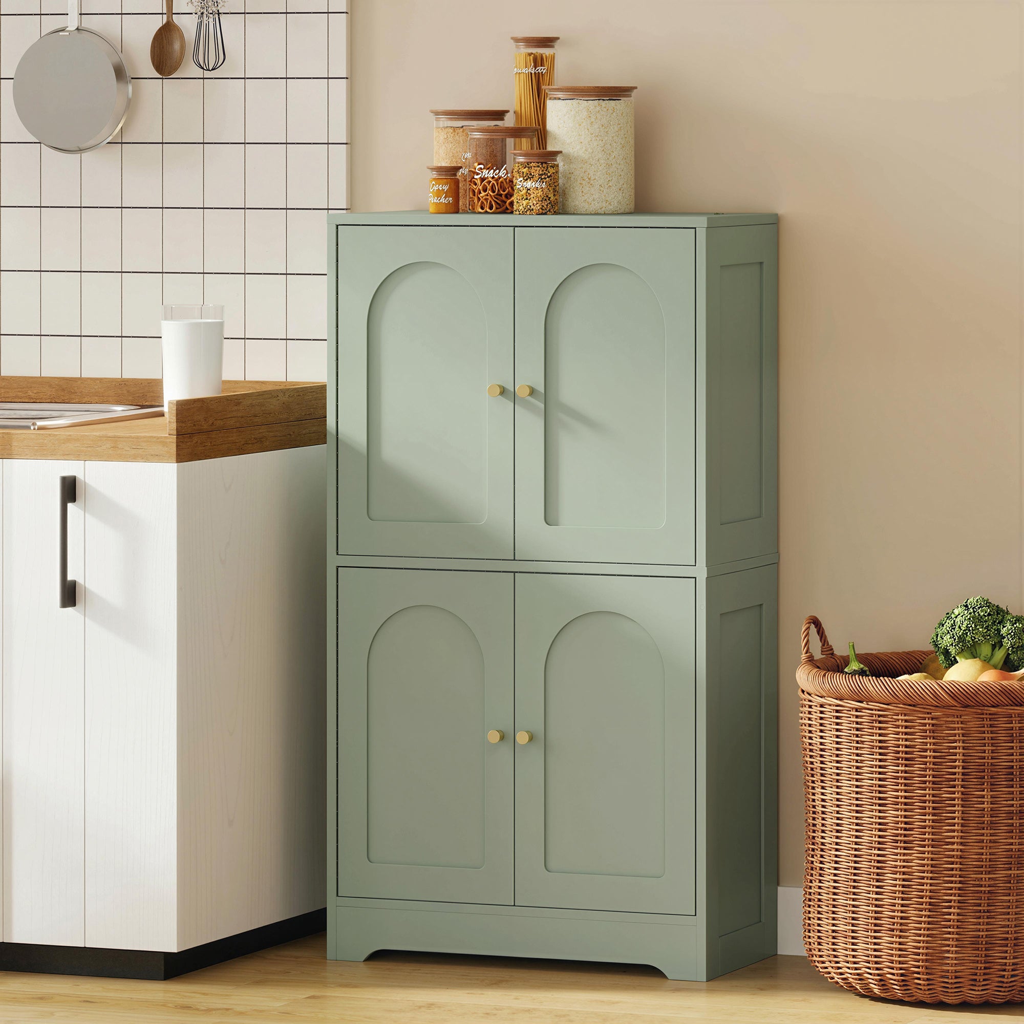 110cm Kitchen Cupboard, Freestanding Kitchen Storage Cabinet with 4 Arched Doors and 2 Adjustable Shelves, Modern Pantry Cupboard for Dining Room, Green