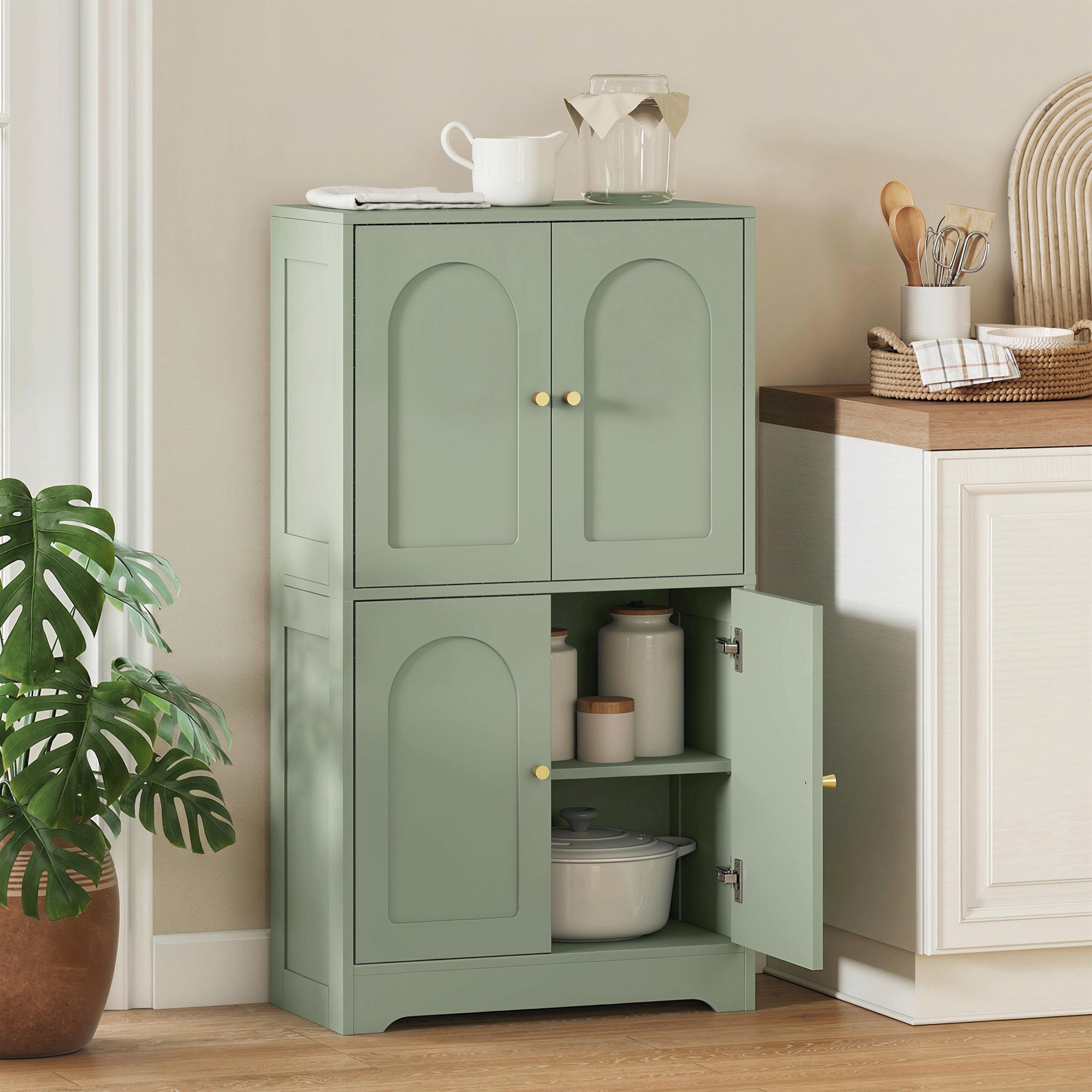 110cm Kitchen Cupboard, Freestanding Kitchen Storage Cabinet with 4 Arched Doors and 2 Adjustable Shelves, Modern Pantry Cupboard for Dining Room, Green