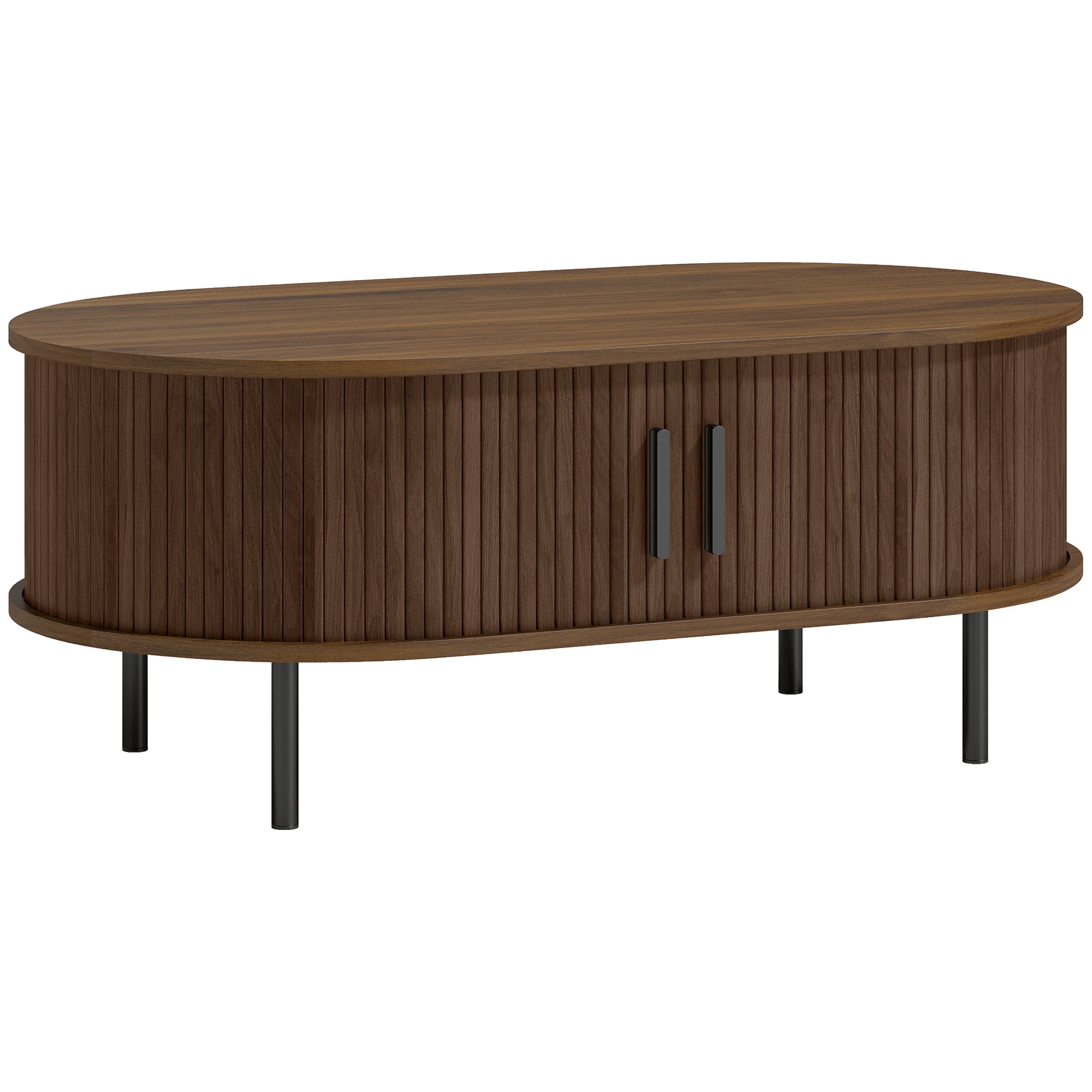 Mid-Century Modern Coffee Table, Center Table for Living Room with Storage, Sliding Tambour Doors, Rounded Edges and Metal Legs, Brown