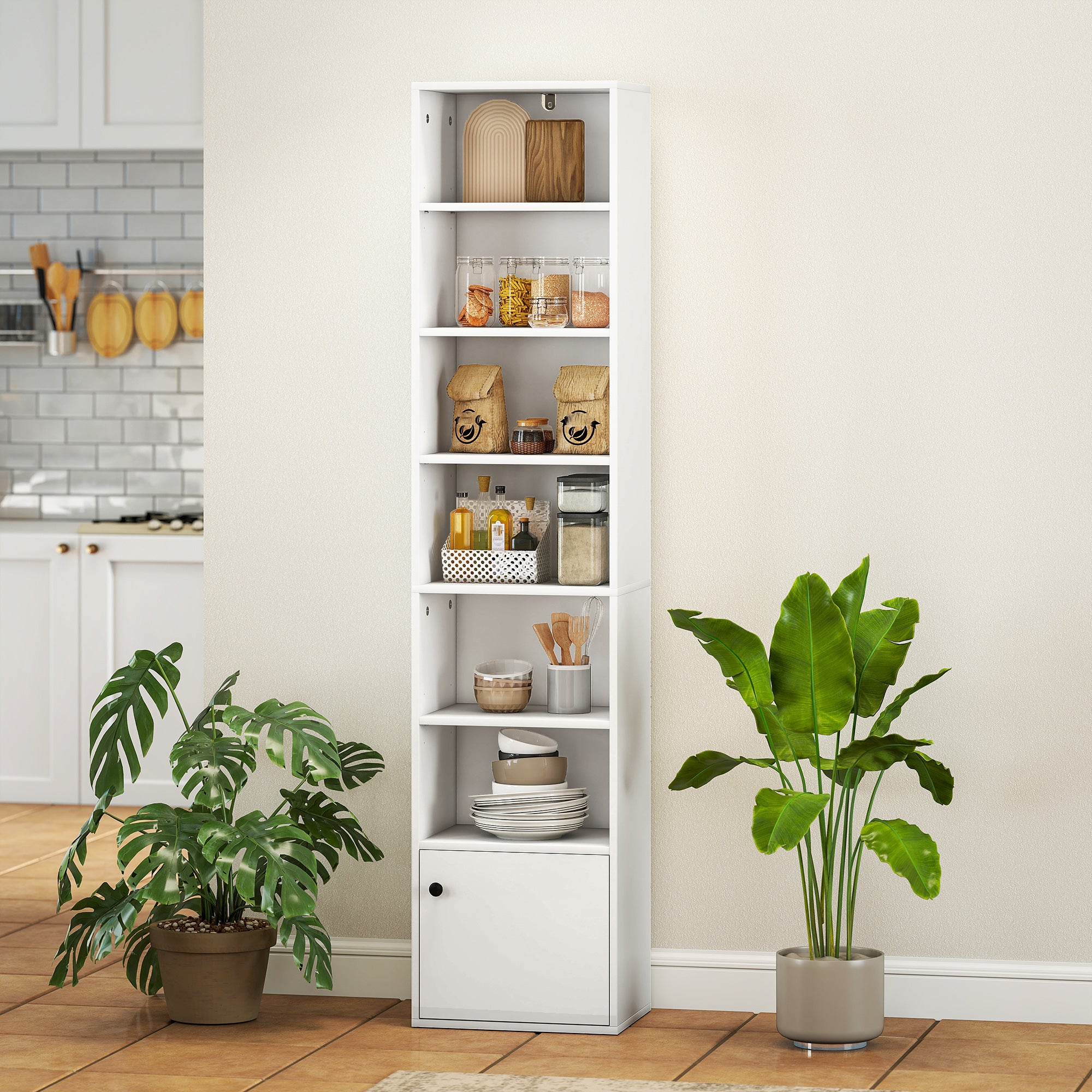7-Tier Bookcase with Adjustable Shelf, Modern Freestanding Display Shelf Unit with Cabinet for Living Room, Office, White