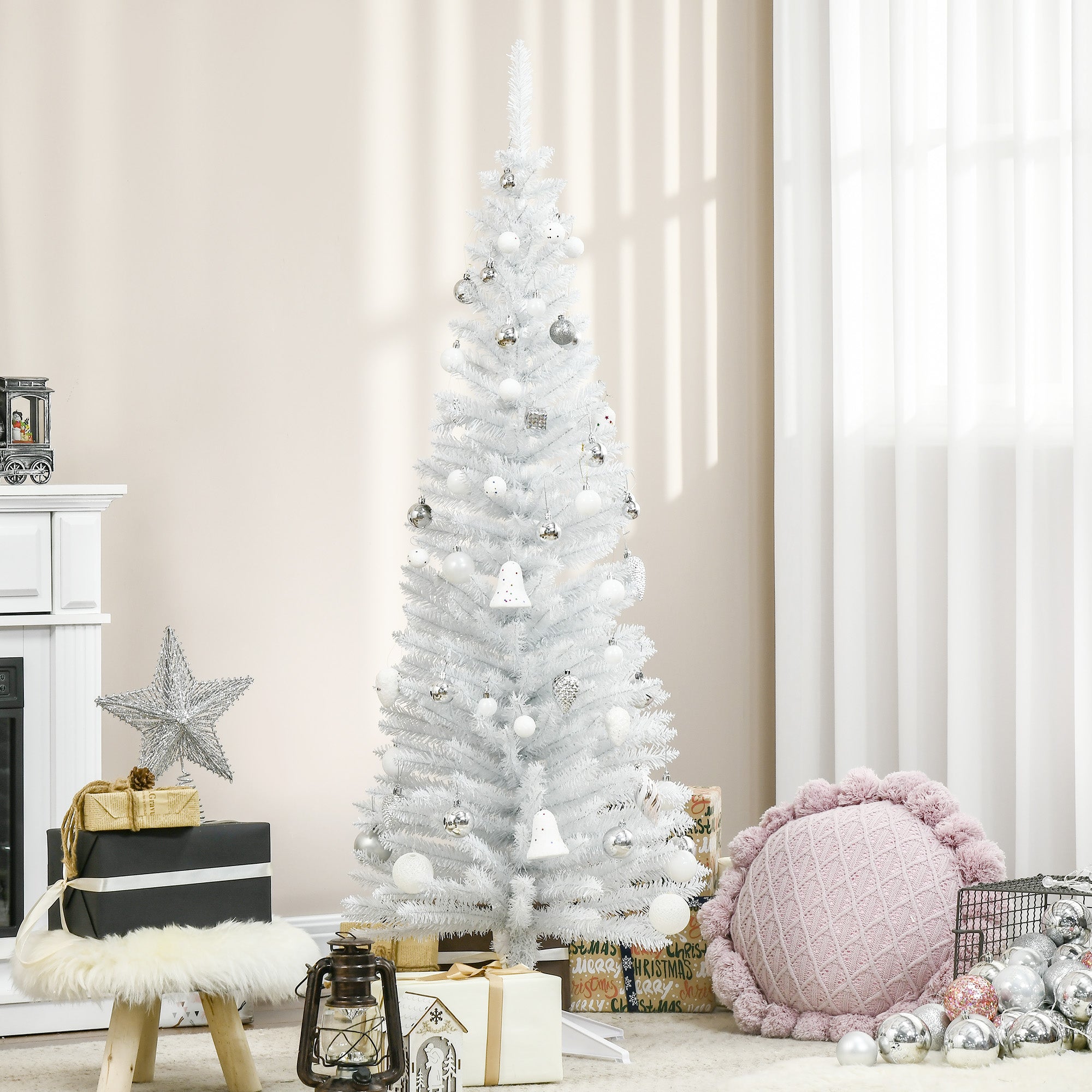 5' Artificial Pencil Christmas Tree Slim Xmas Tree with 294 Branch Tips and Plastic Stand White