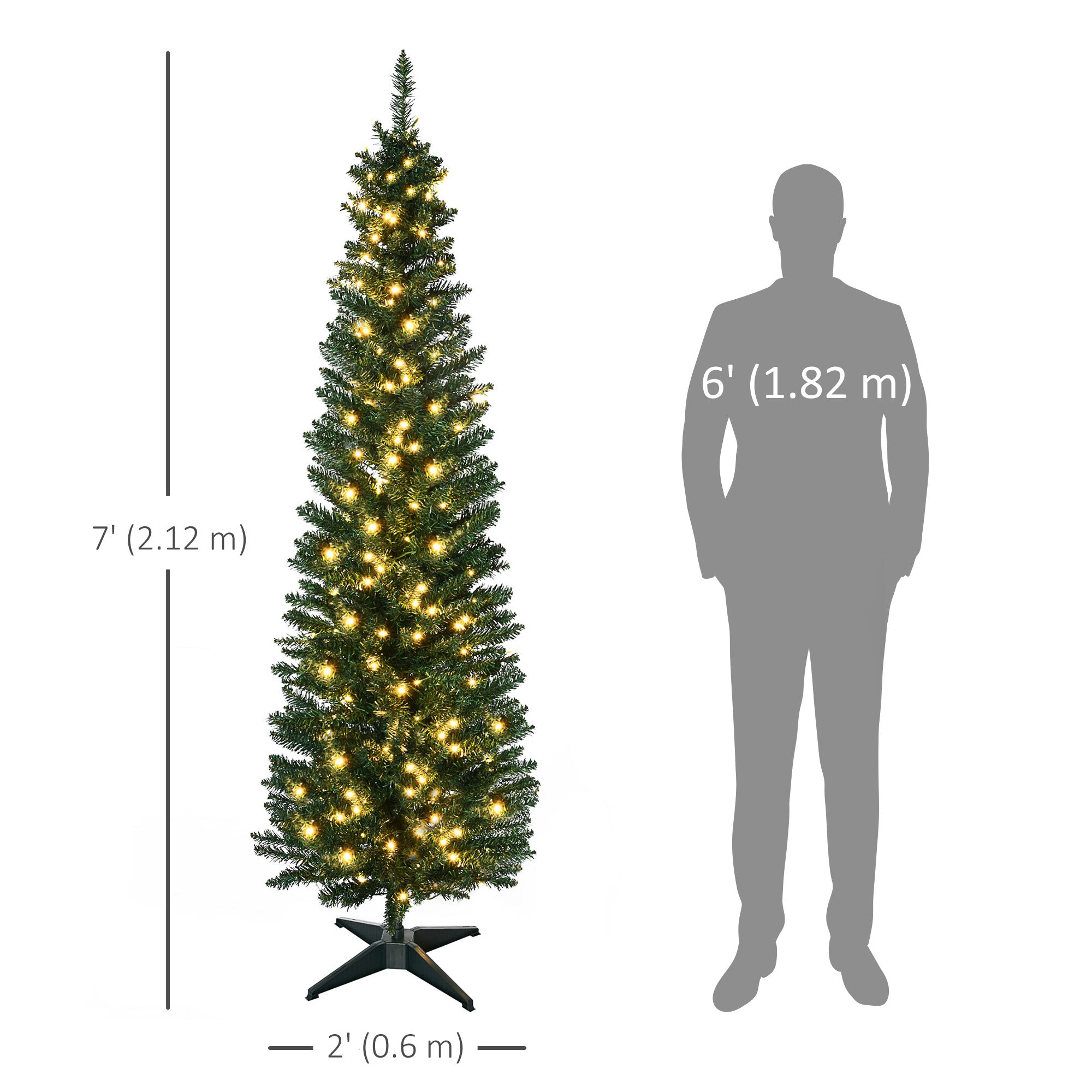 HOMCOM 7 ft Pre-Lit Noble Fir Slim Artificial Christmas Tree with 499 Tips and 200 Warm White LED Lights, Green