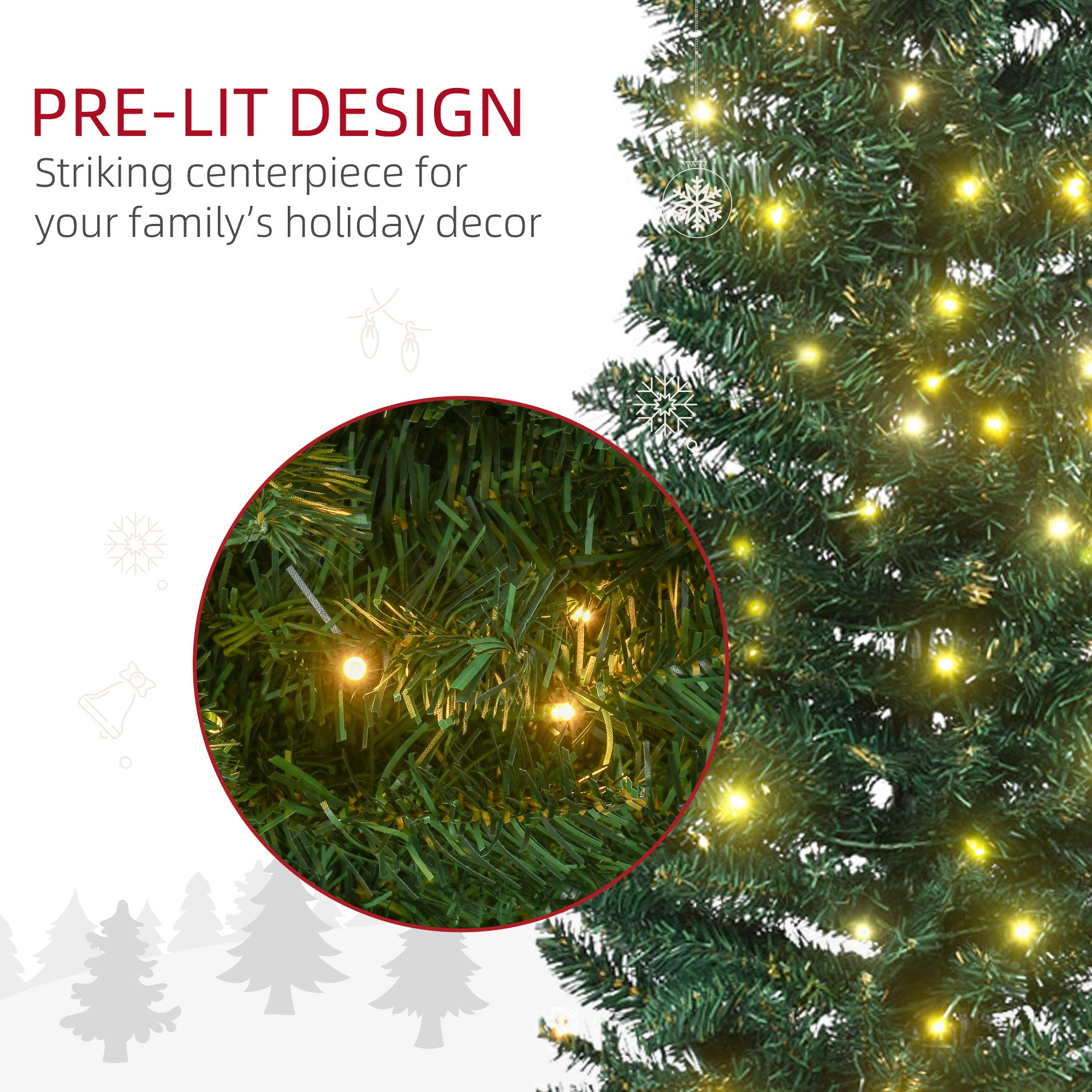 HOMCOM 7 ft Pre-Lit Noble Fir Slim Artificial Christmas Tree with 499 Tips and 200 Warm White LED Lights, Green