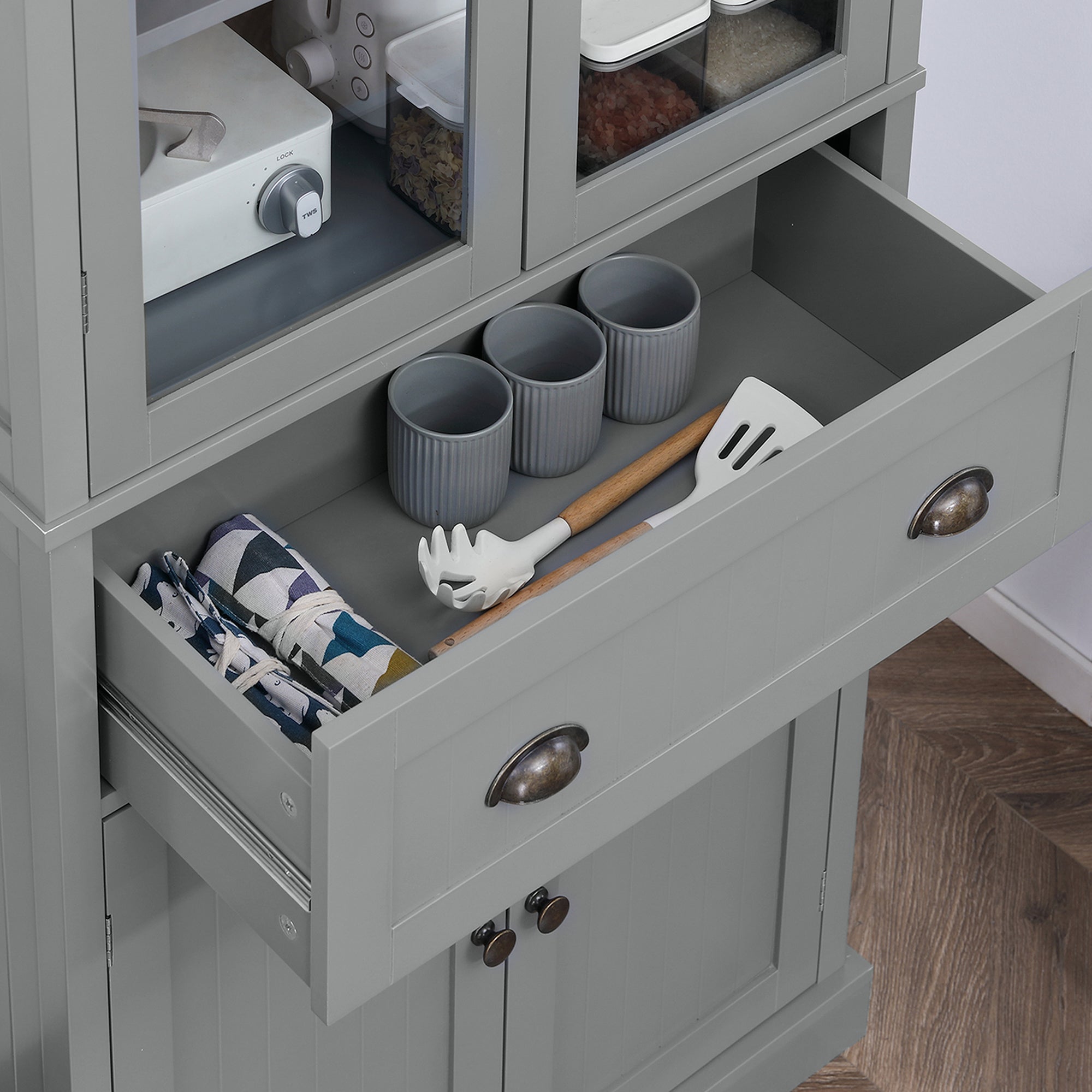 Freestanding Kitchen Cupboard, 5-tier Storage Cabinet with Adjustable Shelves and Drawer for Living Room, Dining Room, Grey