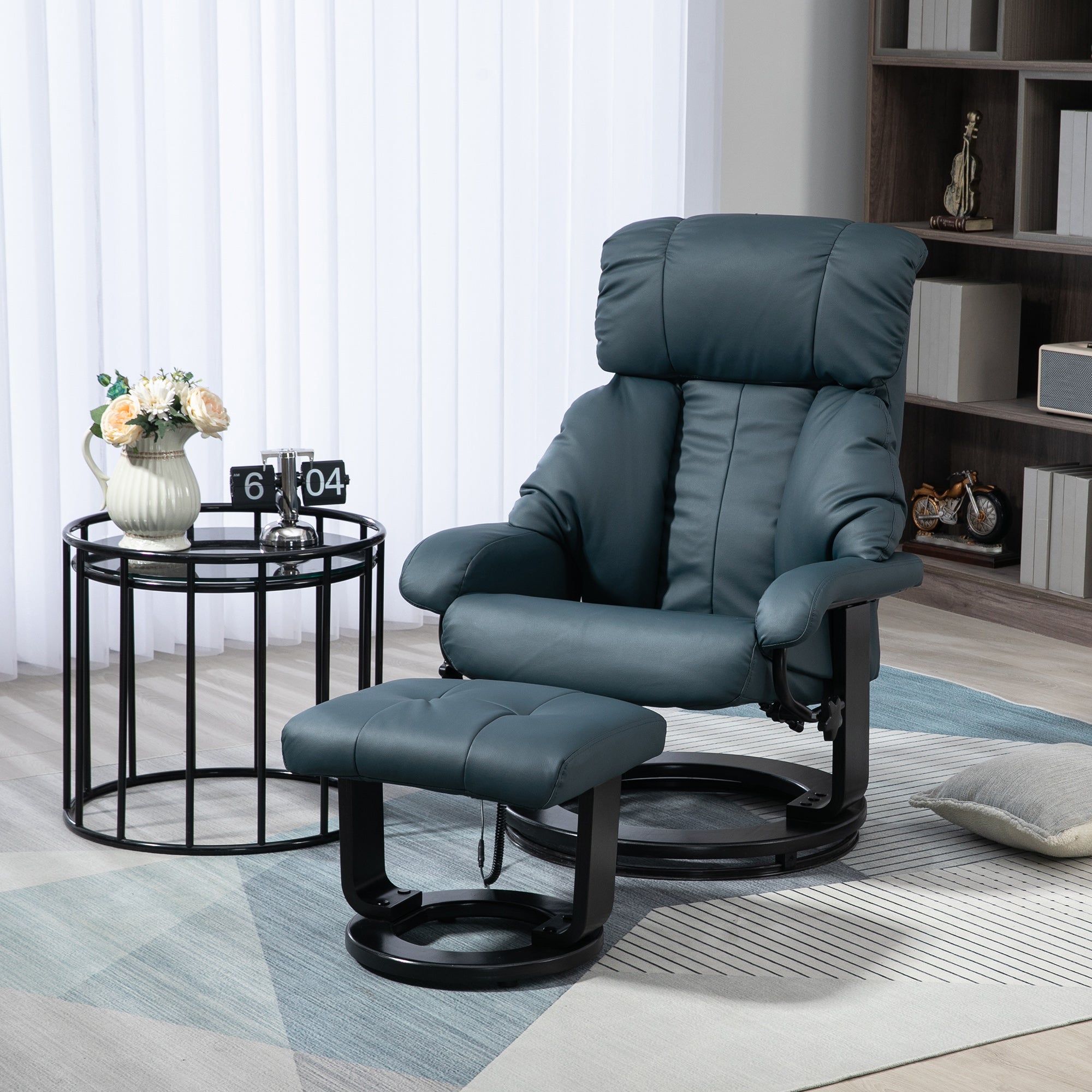 Massage Recliner Chair with Ottoman, 360° Swivel Recliner and Footstool, 10-Point Vibration, PU Leather Reclining Chair with Remote Control, Blue