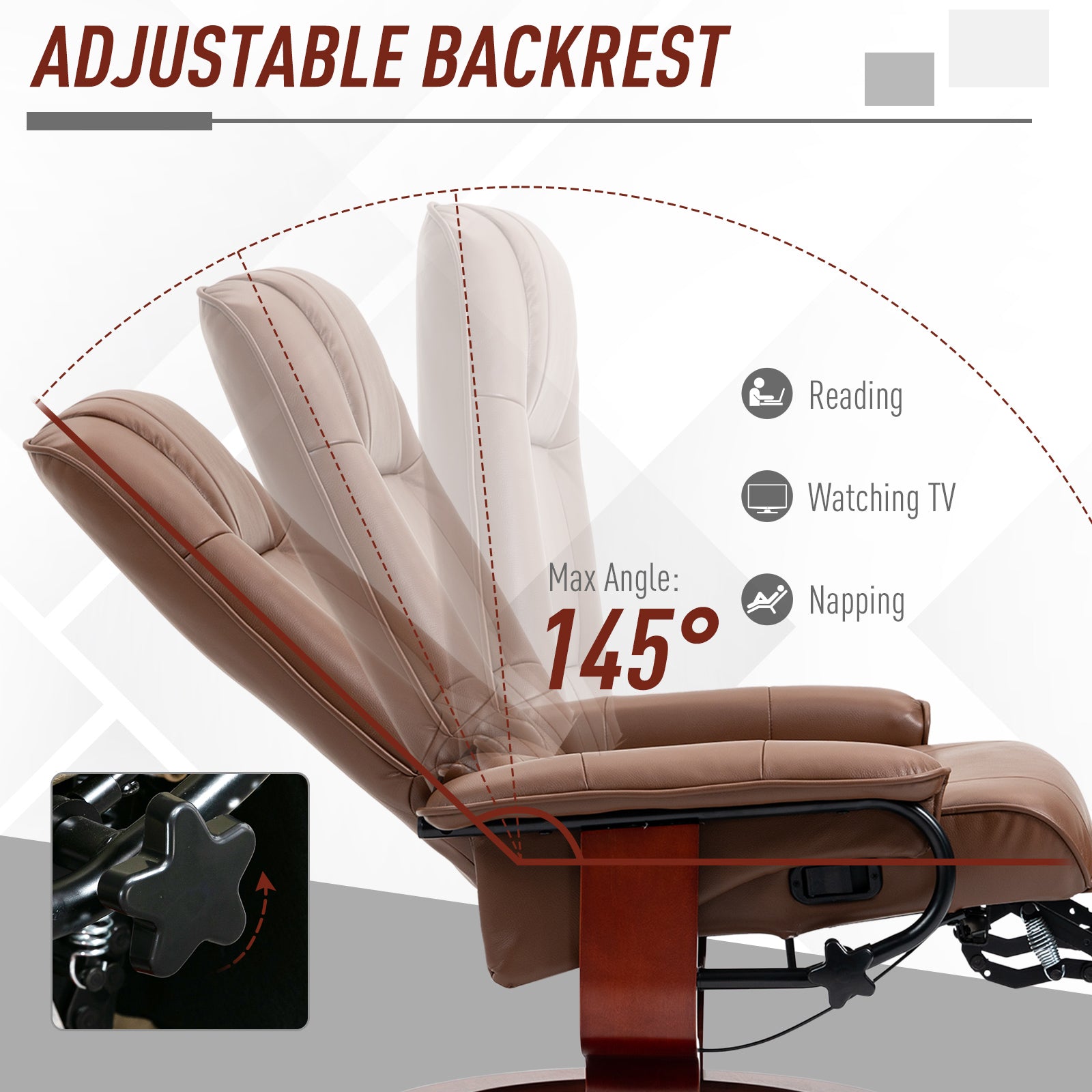 Manual Recliner Chair Armchair Sofa with Faux Leather Upholstered Wooden Base for Living Room Bedroom, Brown