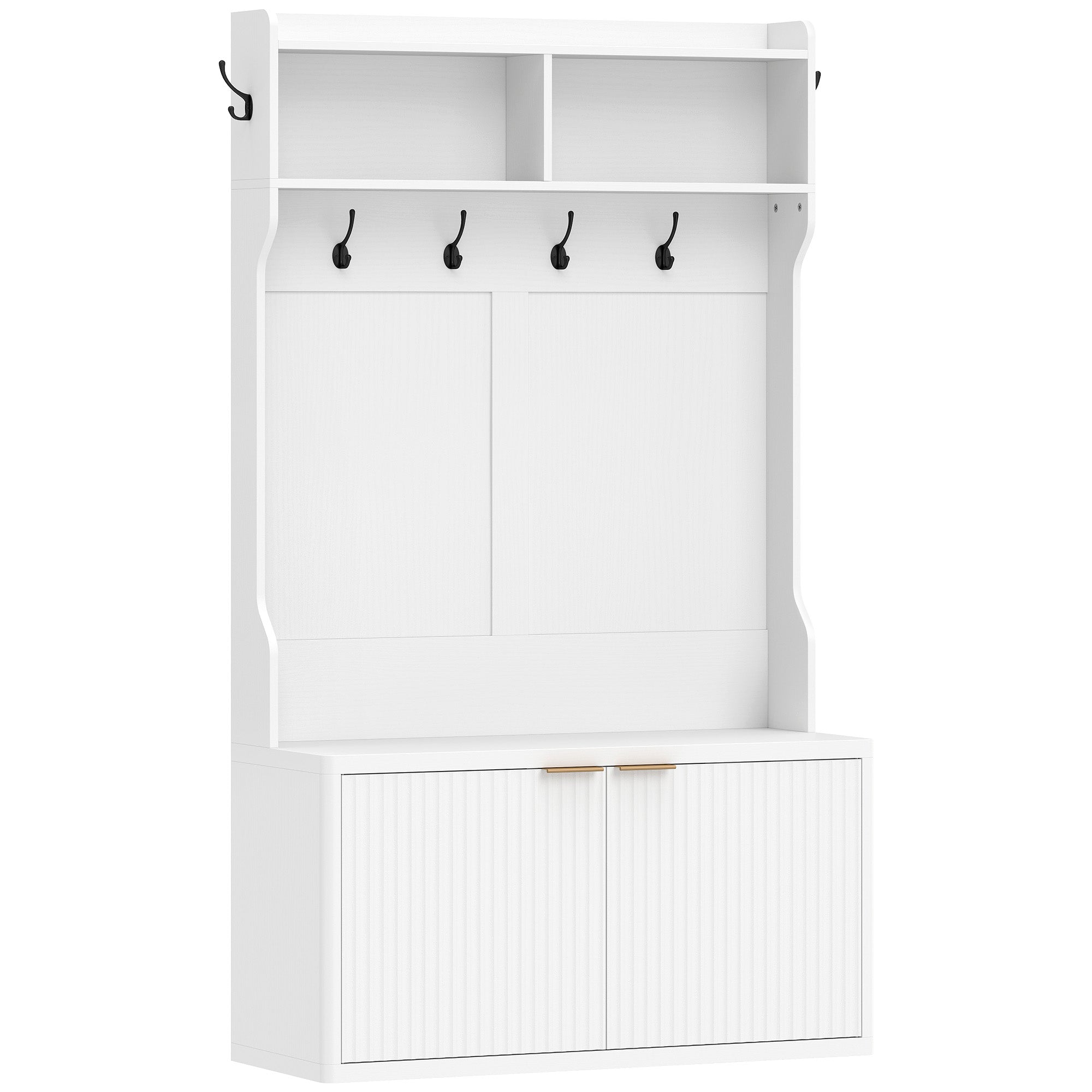 4-In-1 Hall Tree with Shoe Bench, Modern Coat Rack with Shoe Rack and Open Shelf for Hallway, Entryway, Bedroom, Living Room, White