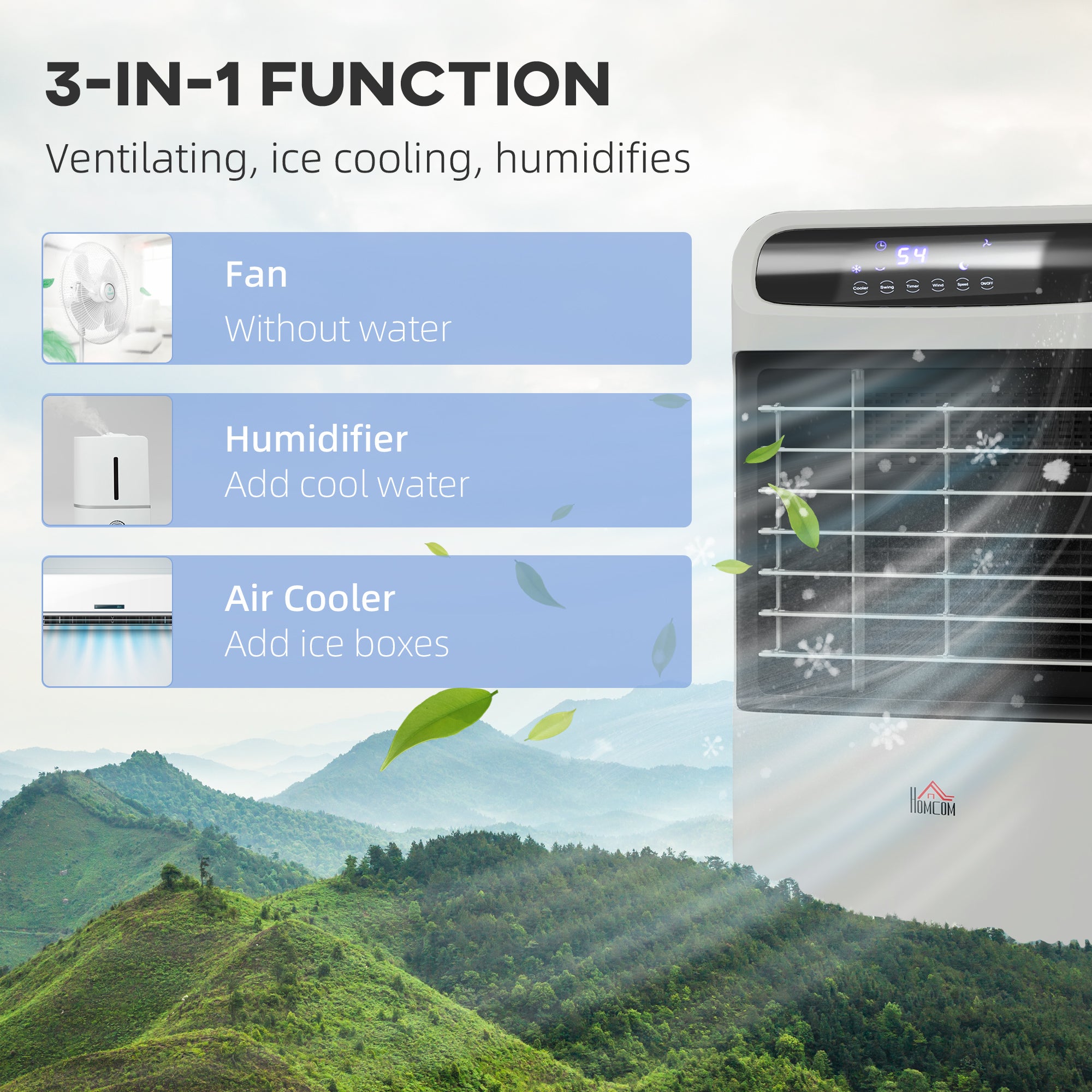 3-In-1 Ice Cooling Fan, Mobile Evaporative Air Cooler with Remote, Timer, Oscillating for Home Office, Bedroom, Gray - HOMCOM
