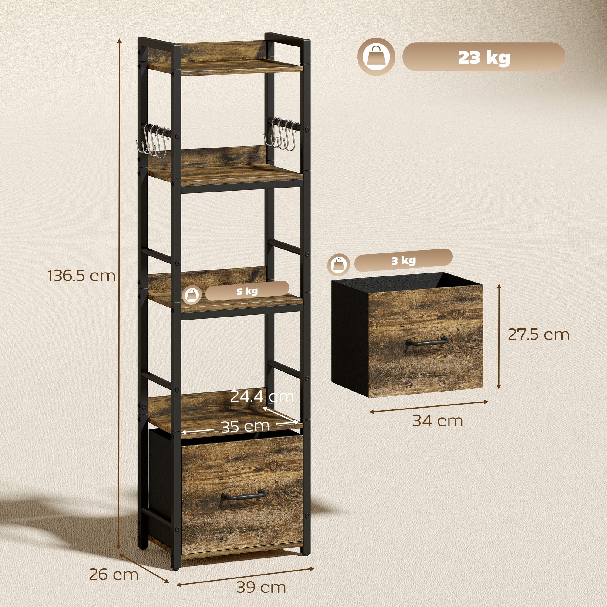4-Tier Bookshelf, Narrow Bookcase with Drawer, 8 Hooks, Metal Frame, Shelving Unit for Living Room, Bedroom, Home Office, 39 x 26 x 136.5 cm, Rustic Brown