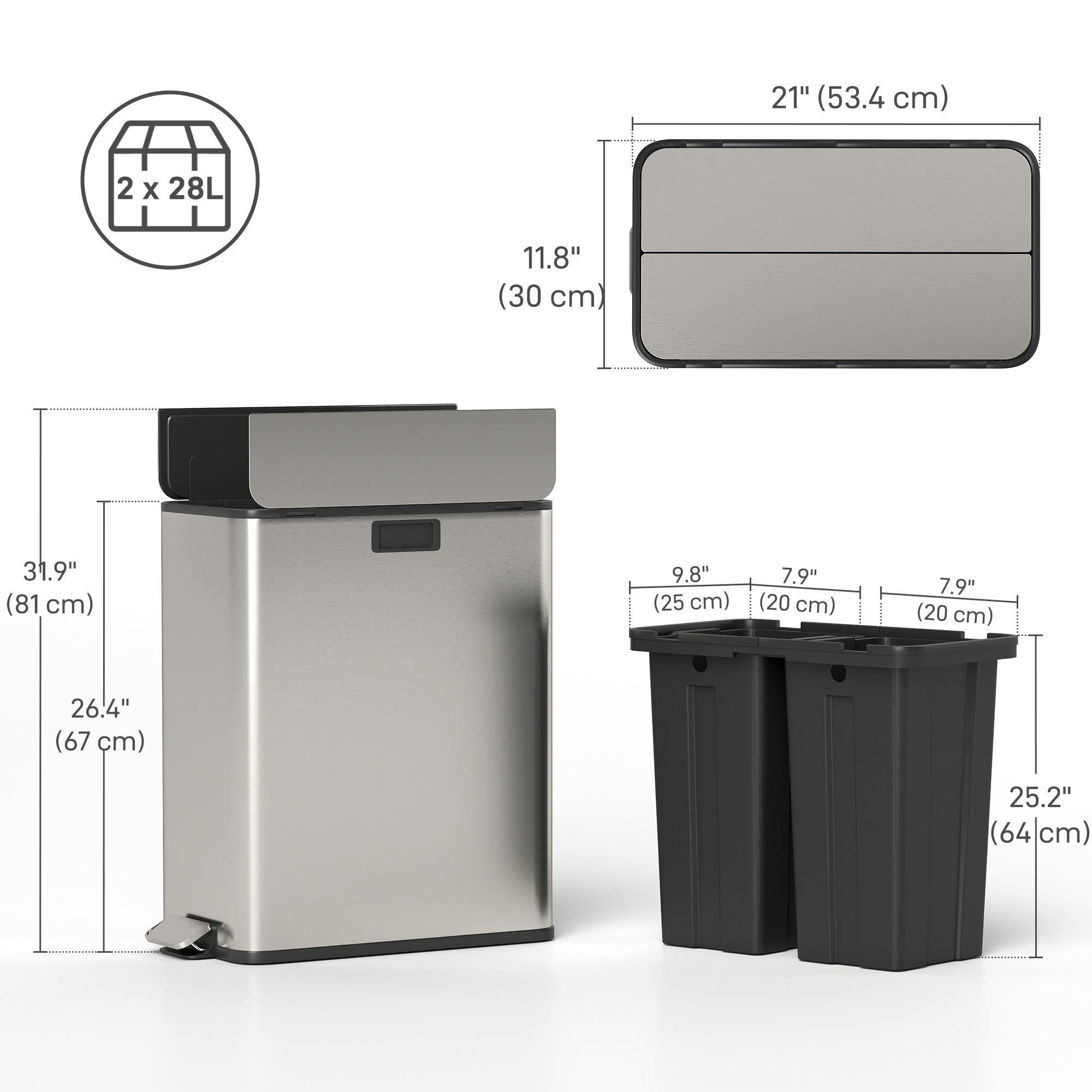 Dual Kitchen Bin with Soft-Close Butterfly Lid, 2 x 7.4Gal Stainless Steel Pedal Bin with Removable Inner Buckets, Fingerprint-Proof for Recycling and Waste, Silver Tone