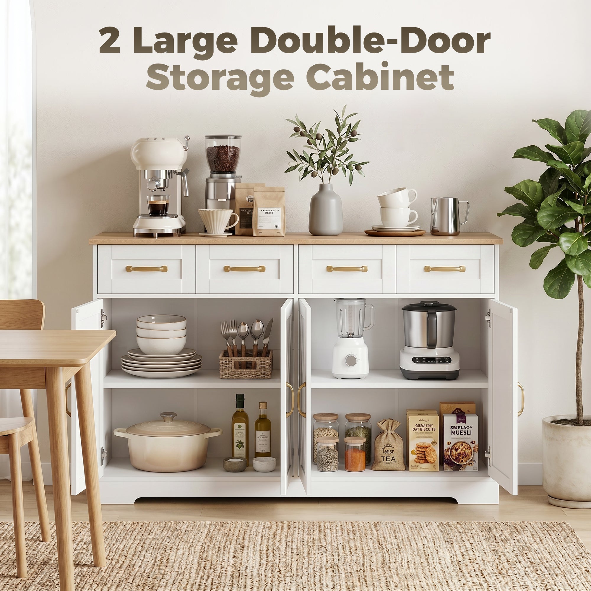 Sideboard Buffet Cabinet, 140 cm Modern Farmhouse Kitchen Storage Cabinet with 4 Drawers, 4 Doors and 2 Adjustable Shelves, Coffee Bar Station, White