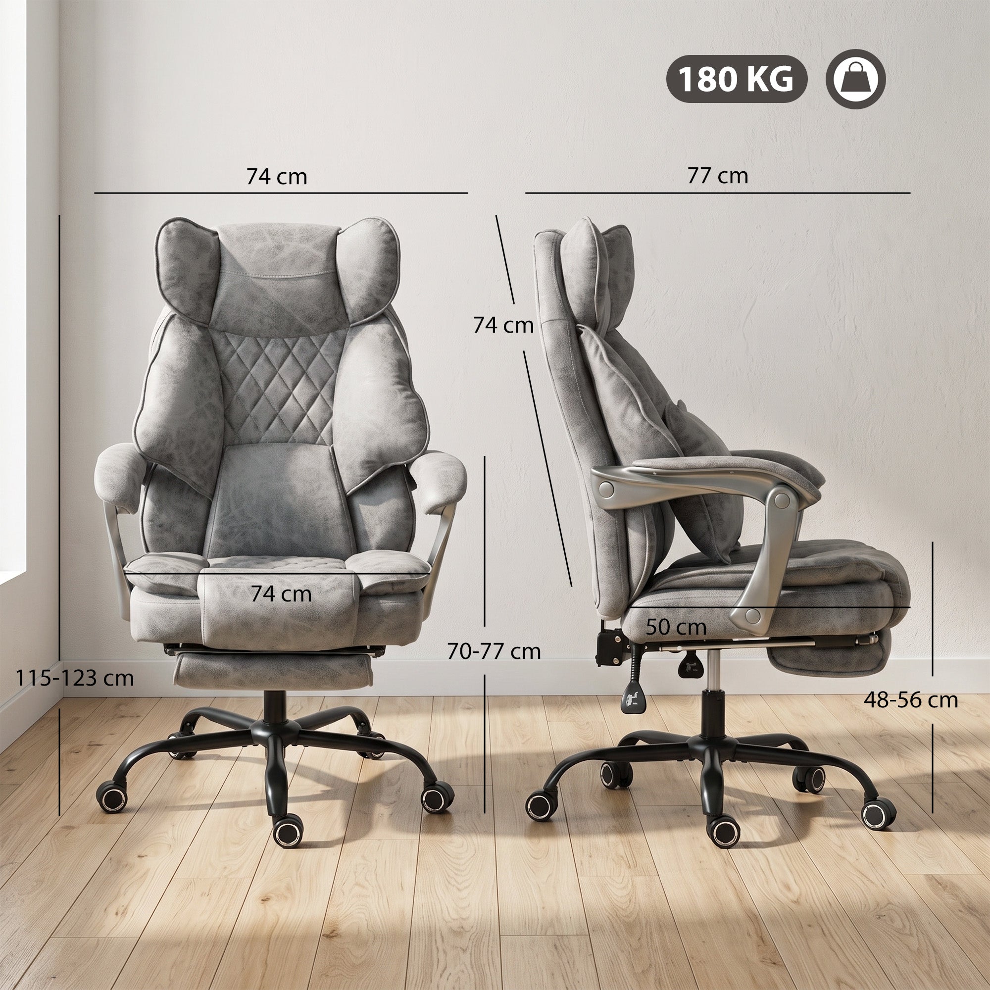 Executive Office Chair with Footrest, 180kg 400lb Big and Tall Leathaire Desk Chair with Wide Seat, Reclining Back, Lumbar Support, Built-in Headrest, Class 4 Gas Lift, Swivel Wheel, Grey