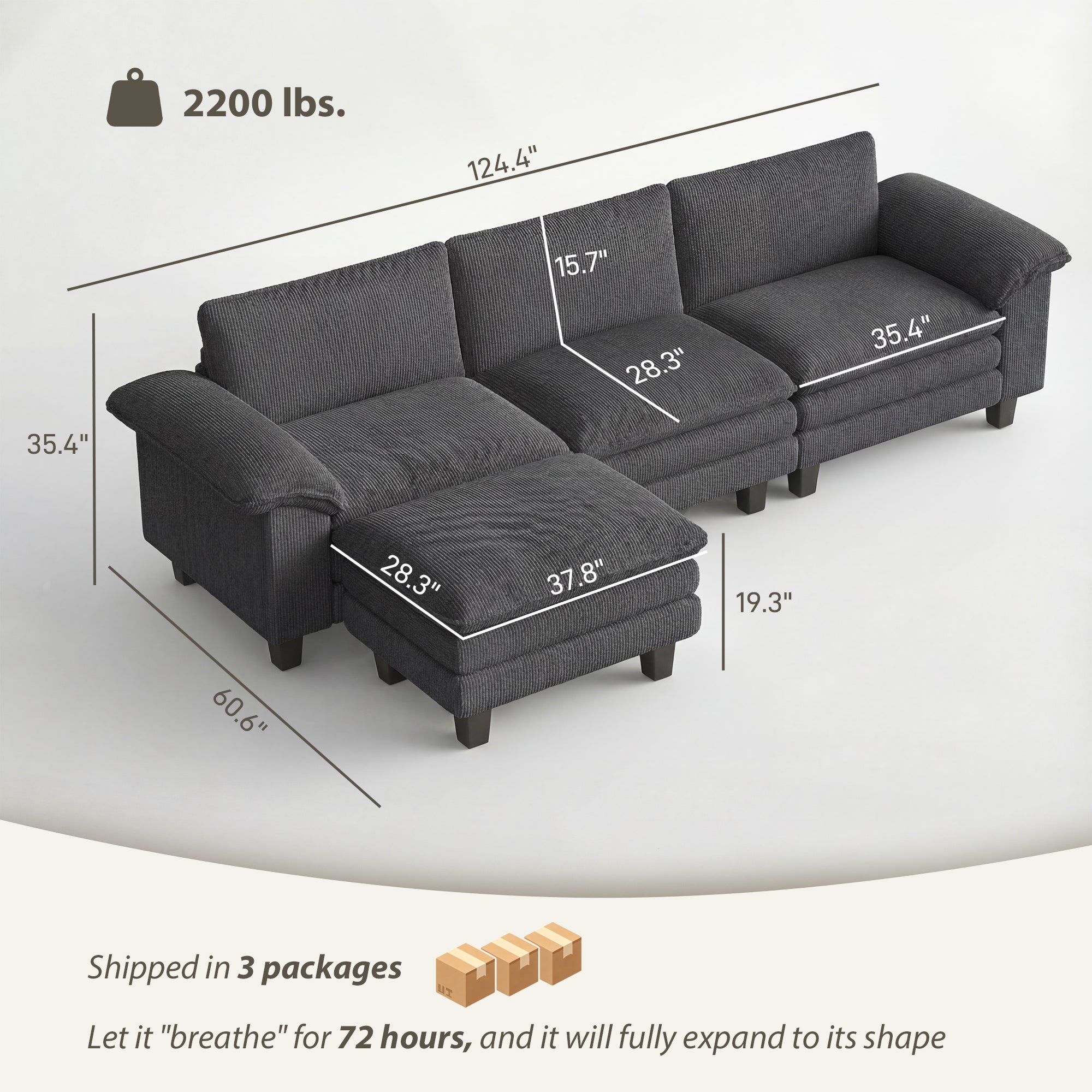 124" Sectional Sofa, L Shaped Couch with Deep Seat, Movable Ottoman and Pillow-top Armrests, Corduroy 3 Seat Sectional Couch for Living Room, 2200lb Capacity, Dark Gray
