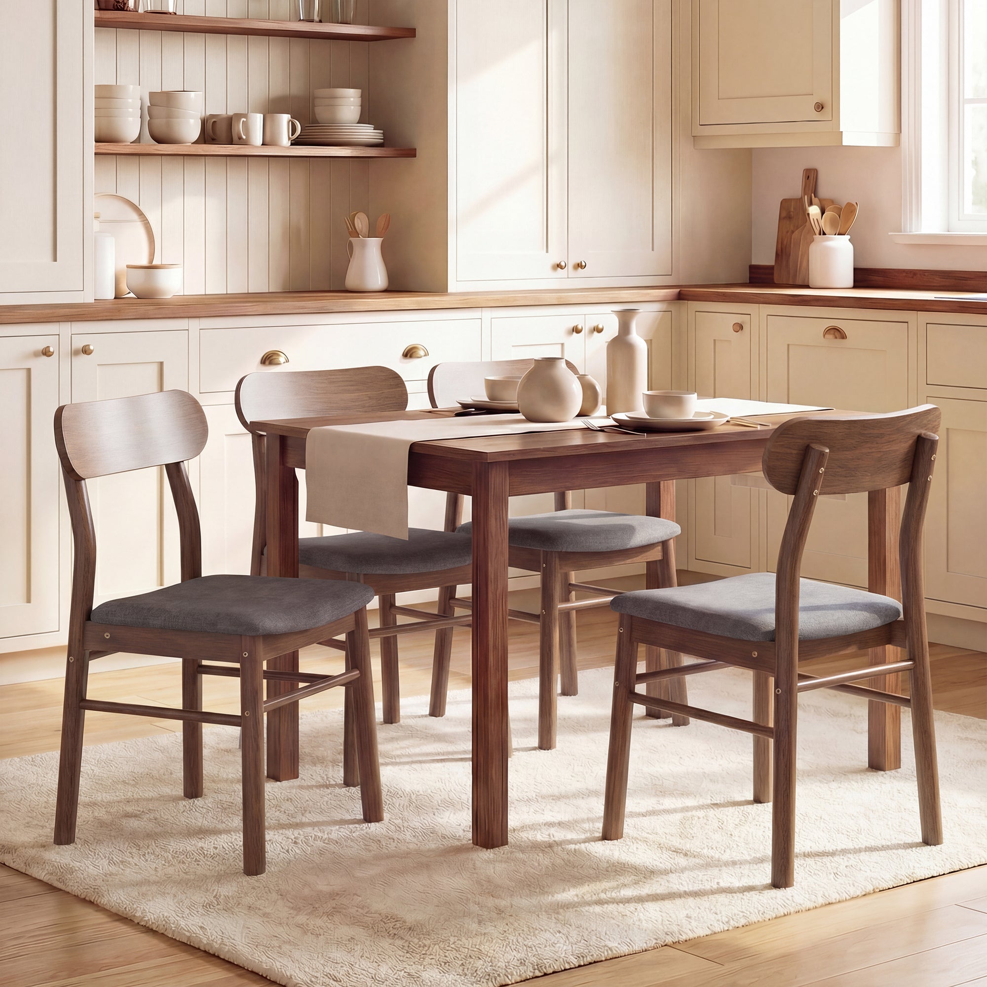 Mid-Century Modern Wooden Dining Chairs Set of 4, Upholstered Kitchen Chairs with Rubberwood Legs, Curved Backrest and Padded Seat for Dining Room, Gray