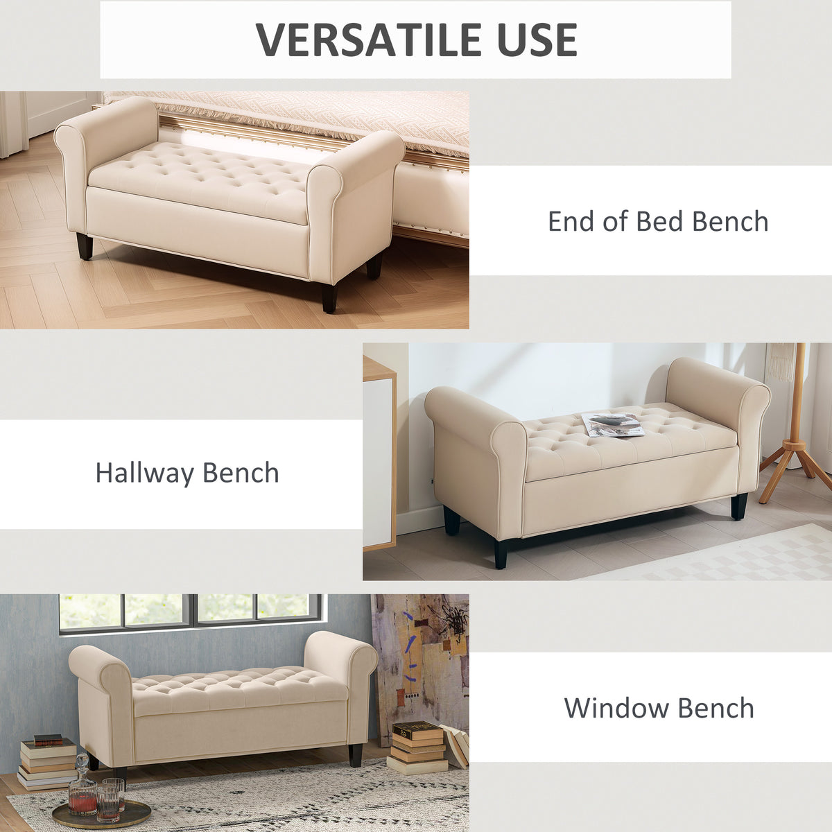 50" Storage Ottoman, Upholstered Bedroom Bench with Rolled Arms, Wood Legs, Button Tufted Storage Bench Seat with Safety Hinges for Entryway, Bedroom, Beige