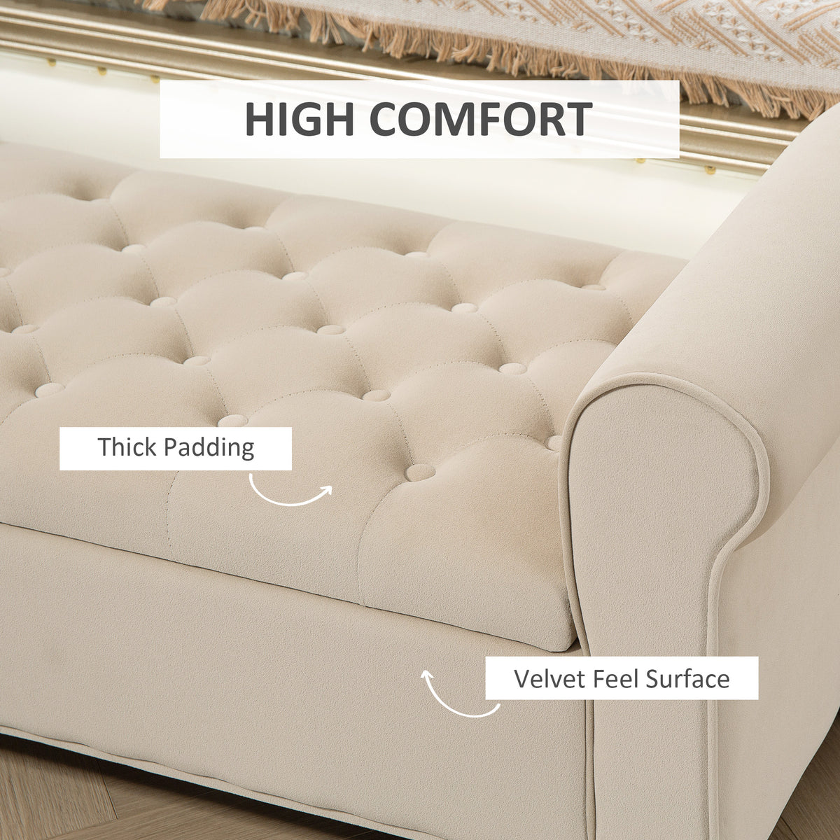 50" Storage Ottoman, Upholstered Bedroom Bench with Rolled Arms, Wood Legs, Button Tufted Storage Bench Seat with Safety Hinges for Entryway, Bedroom, Beige