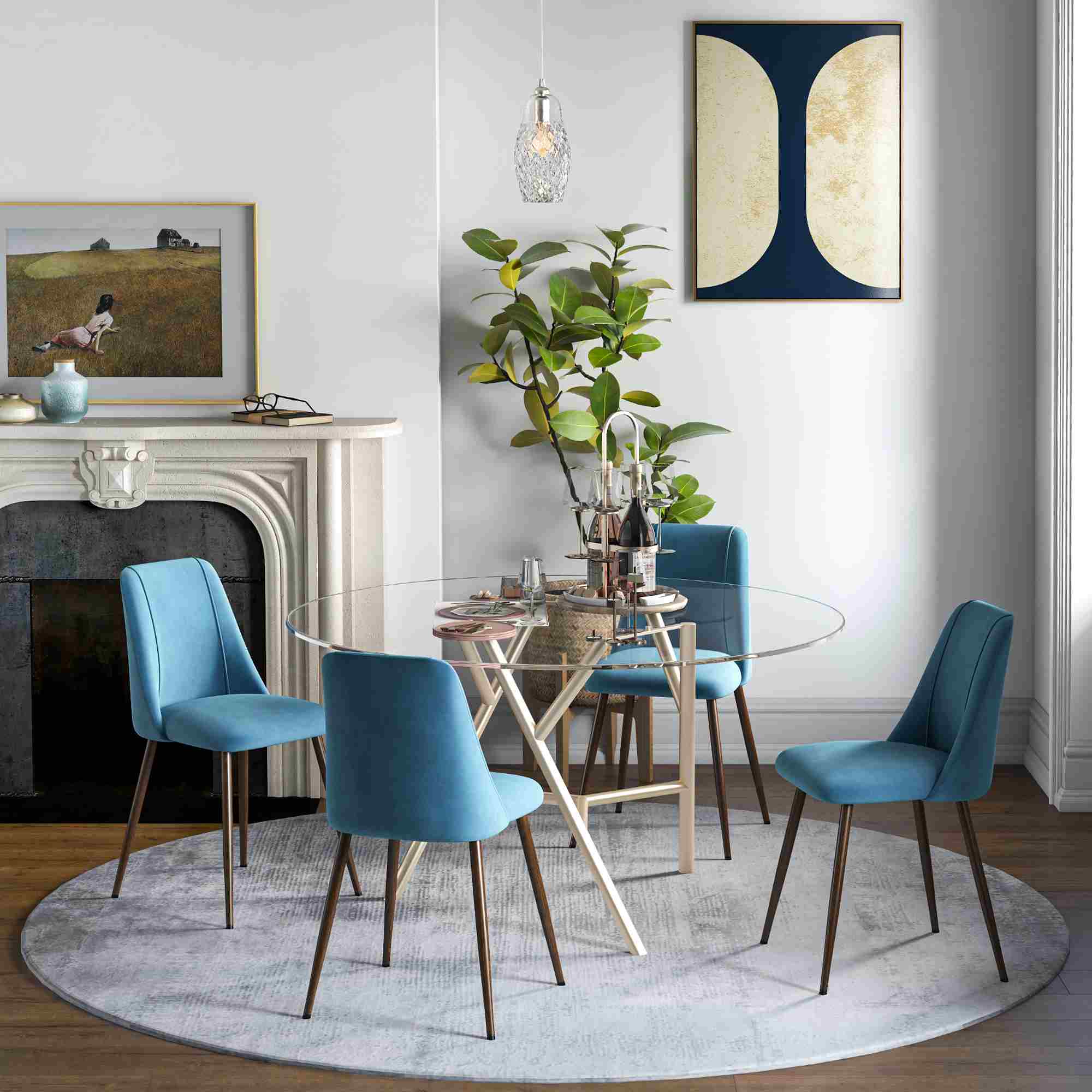 HOMCOM Dining Chairs Set of 4, Modern Kitchen Chairs with Velvet-touch Upholstery, Curved Back and Wood-grain Steel Legs, Accent Chairs for Living Room, Bedroom, Blue