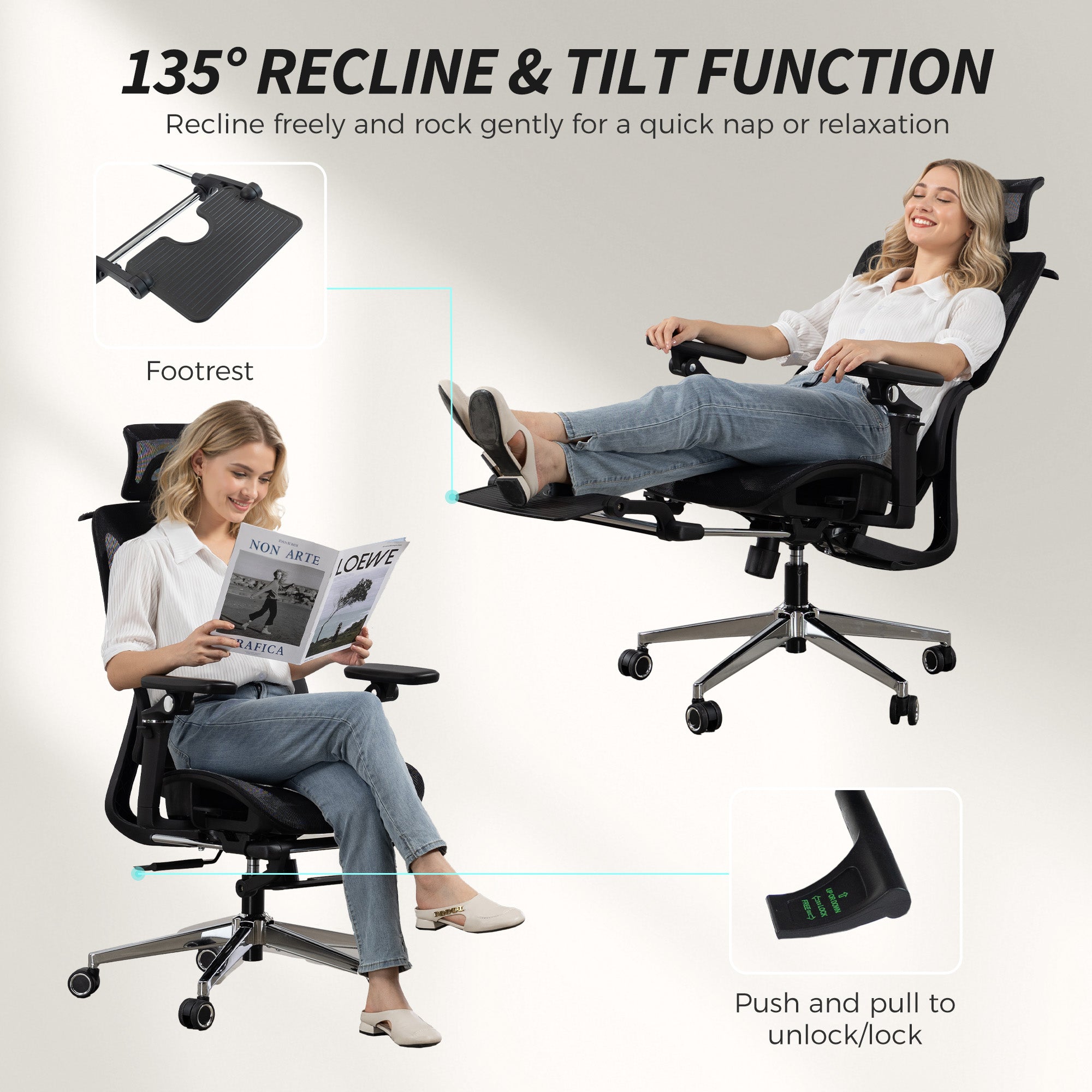 Ergonomic Office Chair, Mesh Computer Desk Chair with 6D Armrests, Adjustable Headrest, Lumbar Support and Seat Depth, Footrest, High Back, Reclining Backrest, Black