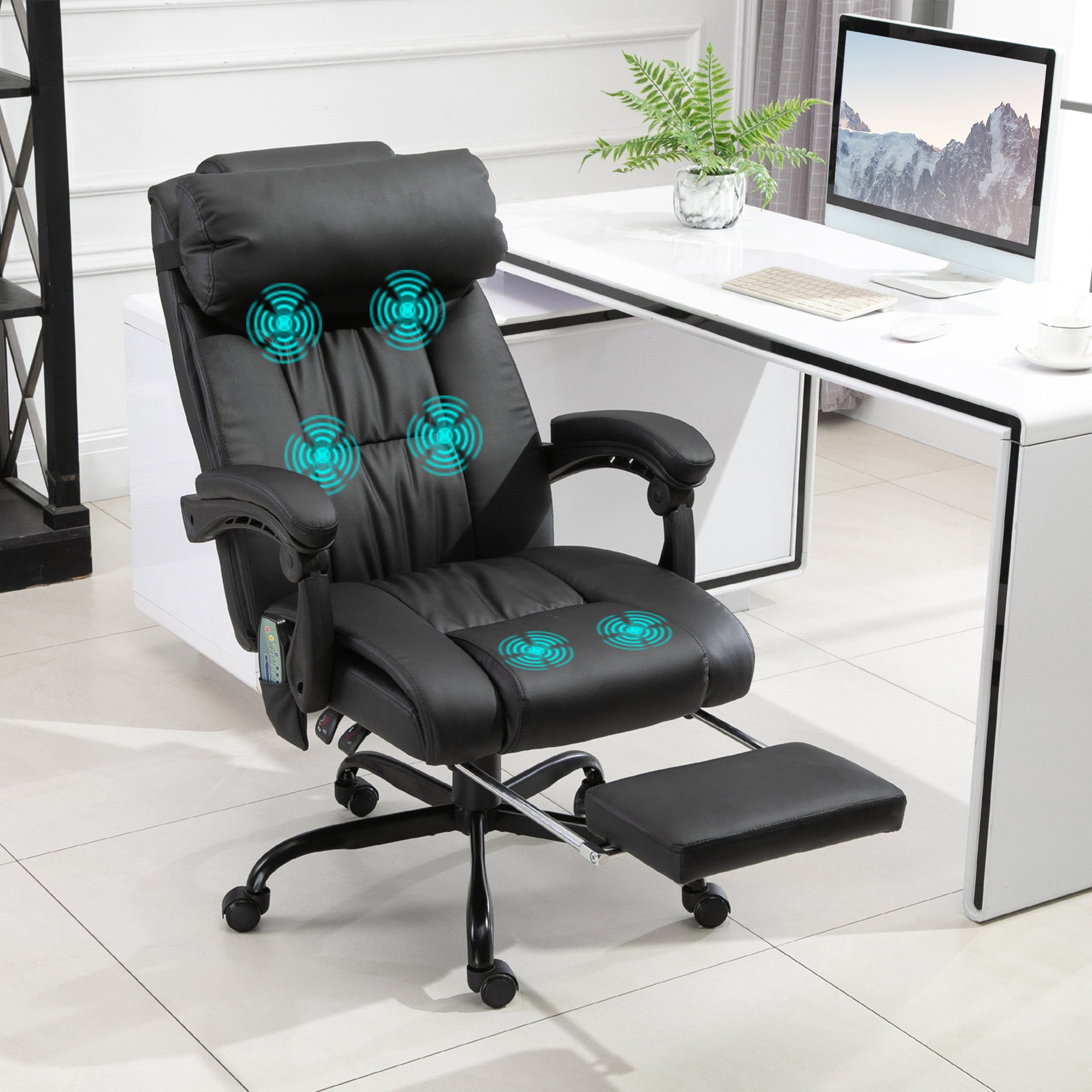 Vinsetto 6-Point Massage Office Chair, PU Leather Desk Chair with Adjustable Height and Footrest for Home Office, Black