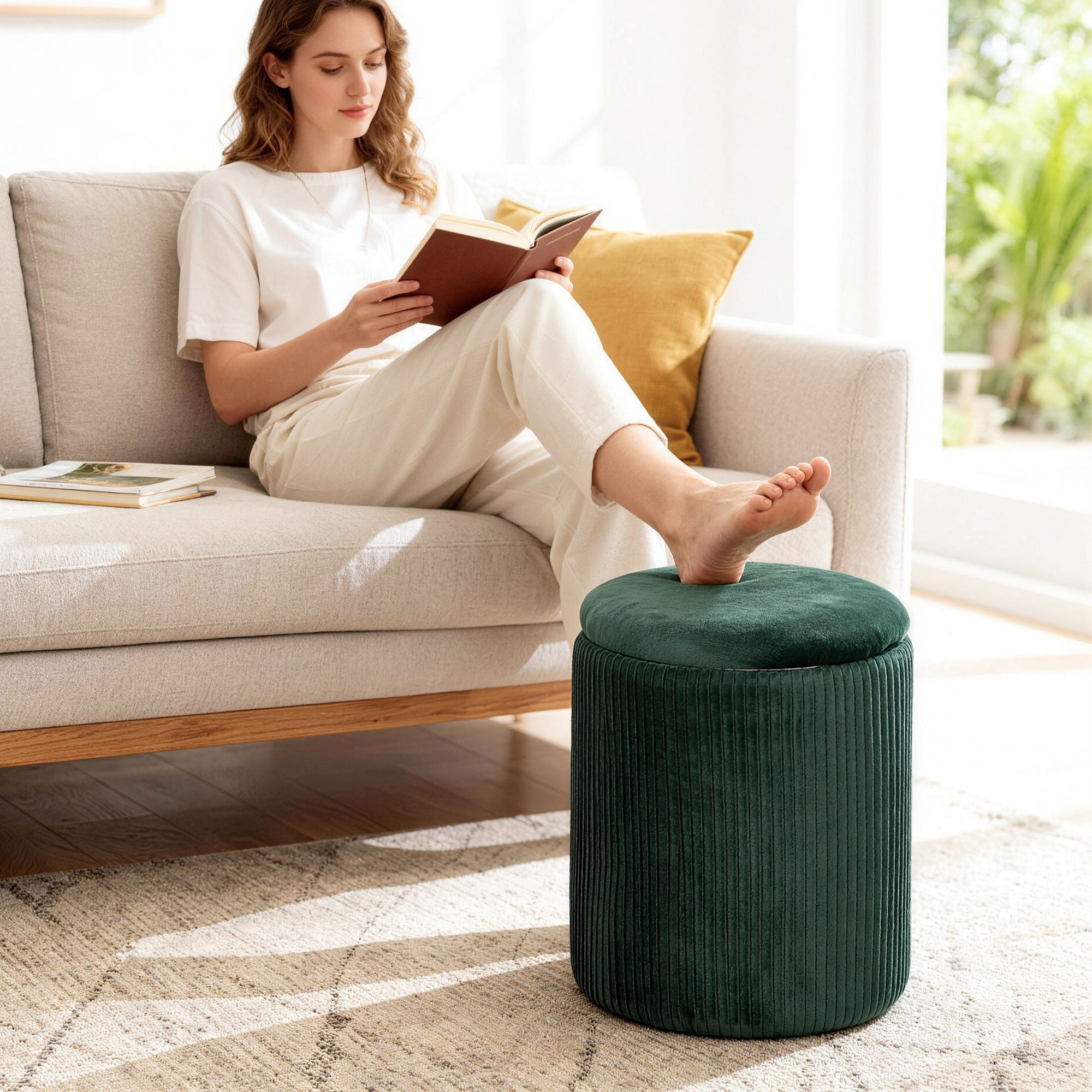 Round Storage Ottoman, Velvet-feel Fabric Upholstered Foot Stool with Removable Top, Padded Seat and Hidden Space for Living Room, Bedroom, Dark Green