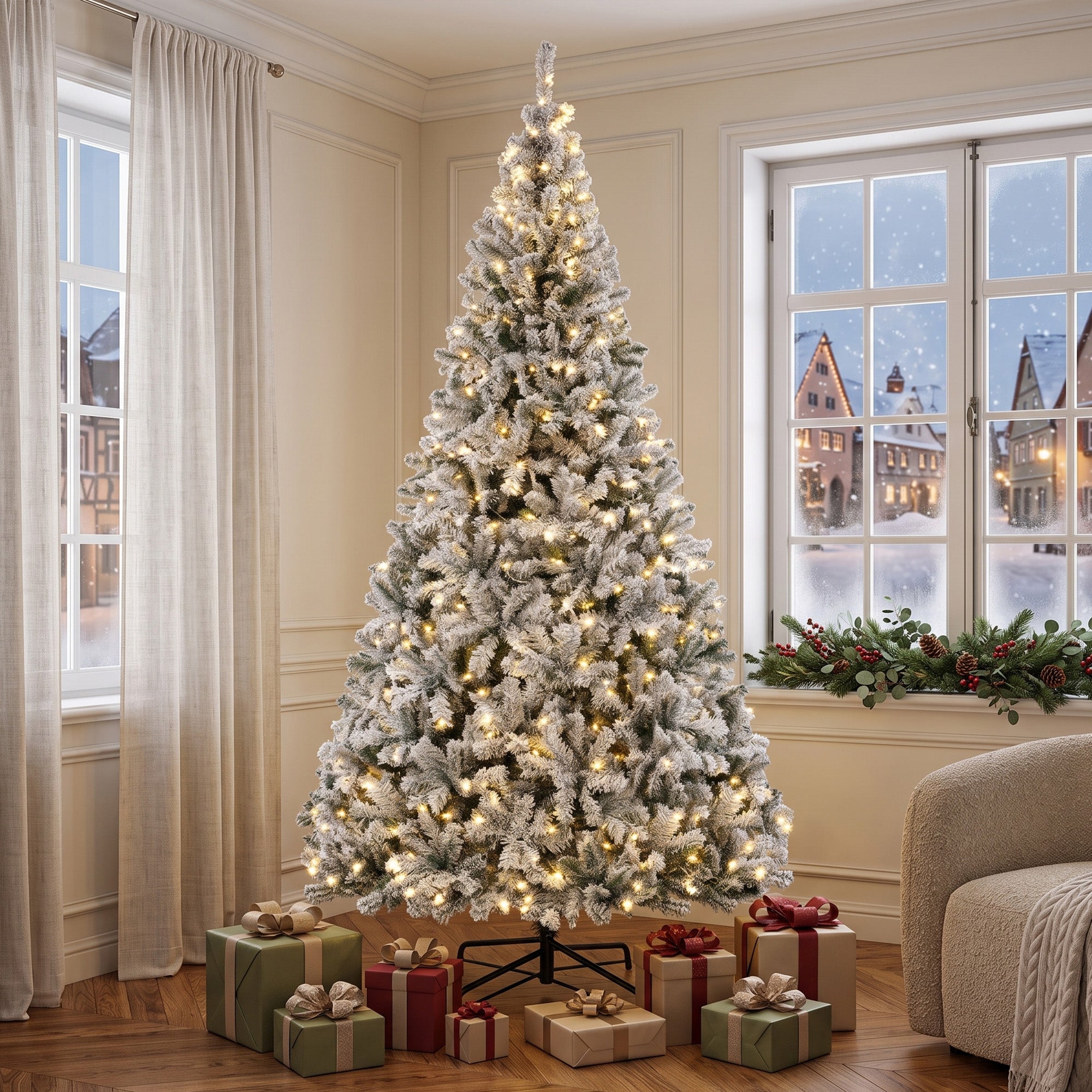 9ft Flocked Prelit Christmas Tree, Fraser Fir, Hinged Xmas Tree with 1852 Branch Tips, 600 Warm White LED Lights, Foldable Metal Base for Indoor Holiday Decor, Green White