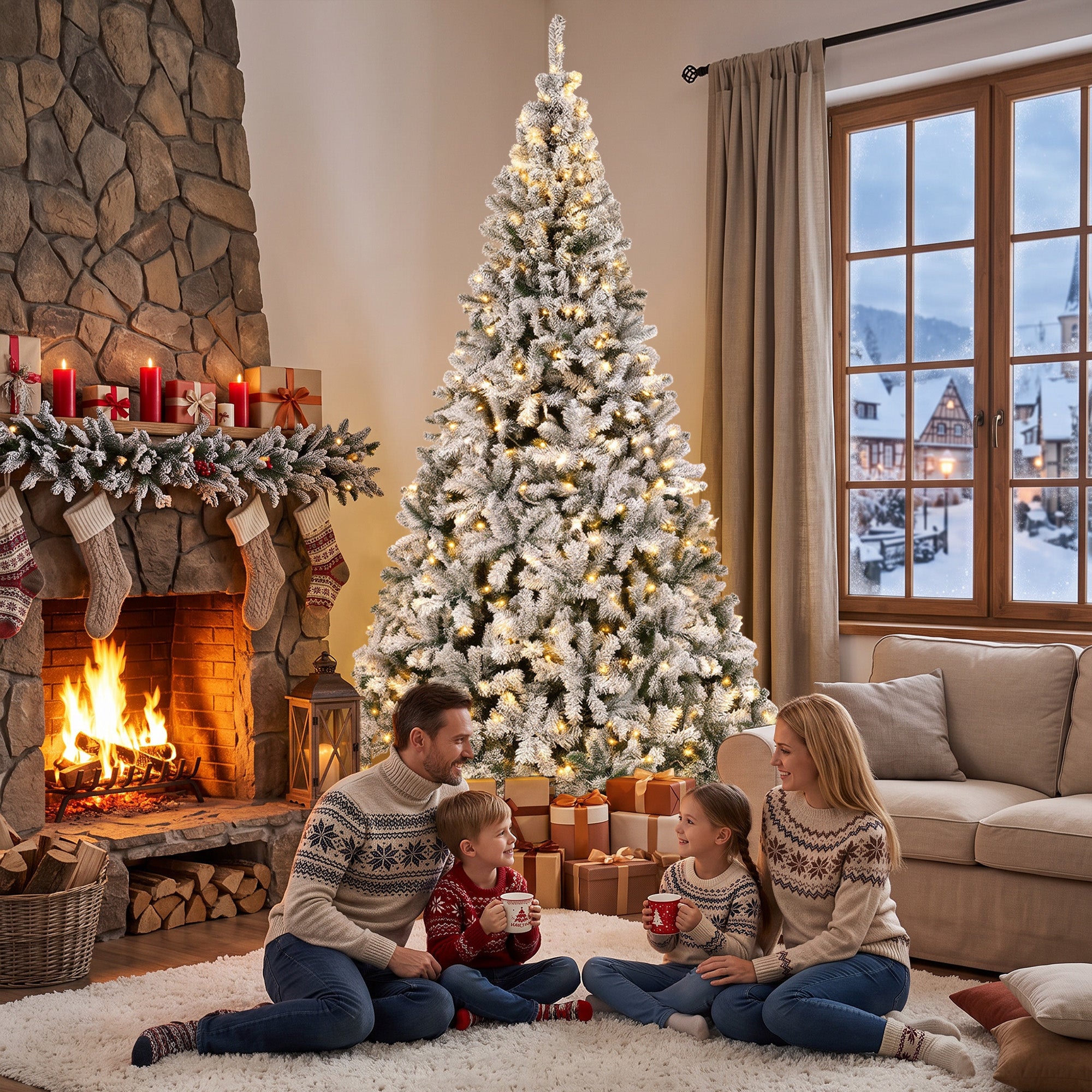 9ft Flocked Prelit Christmas Tree, Fraser Fir, Hinged Xmas Tree with 1852 Branch Tips, 600 Warm White LED Lights, Foldable Metal Base for Indoor Holiday Decor, Green White
