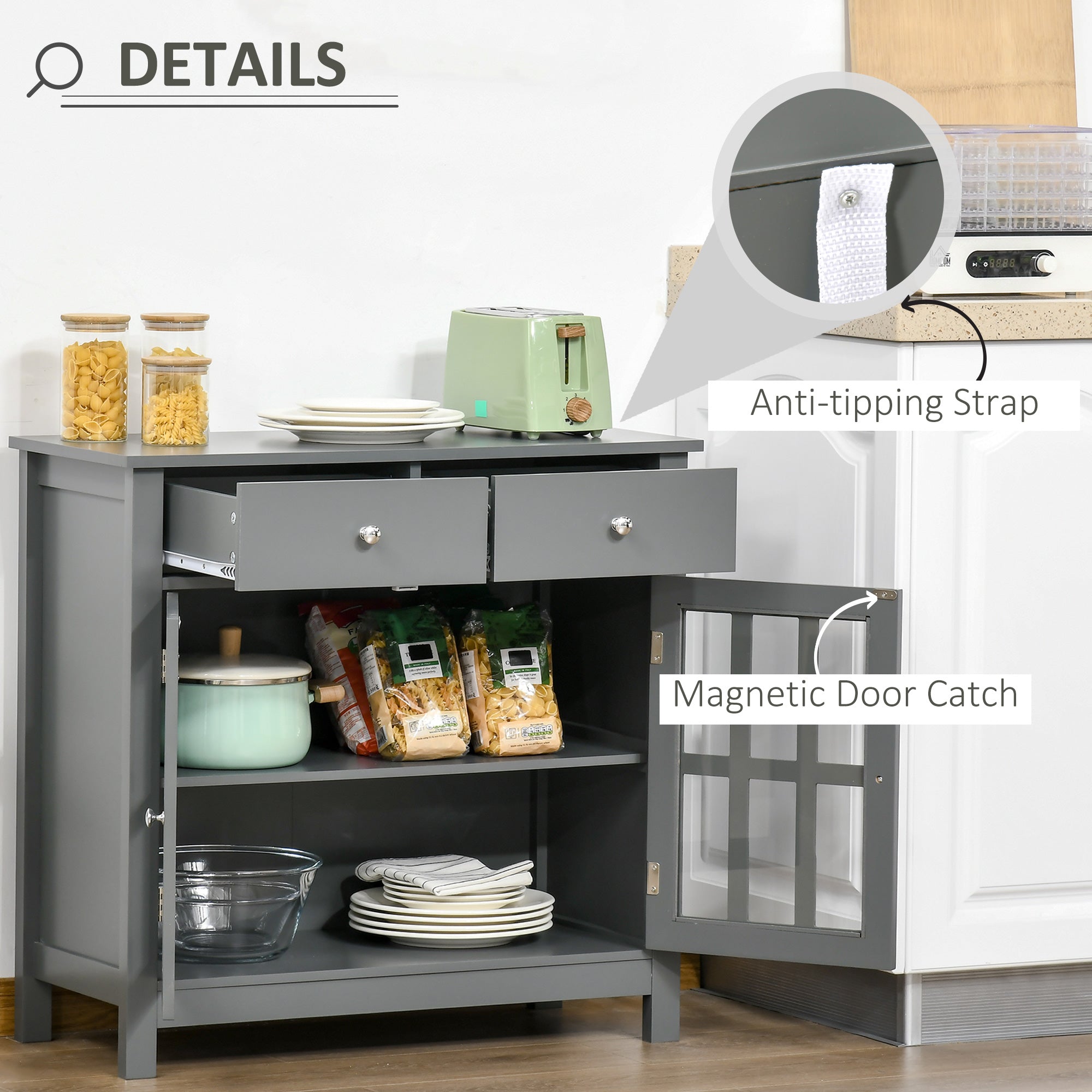 HOMCOM Sideboard Buffet Cabinet, Accent Kitchen Cabinet with Glass Doors, Shelf and 2 Drawers, Grey