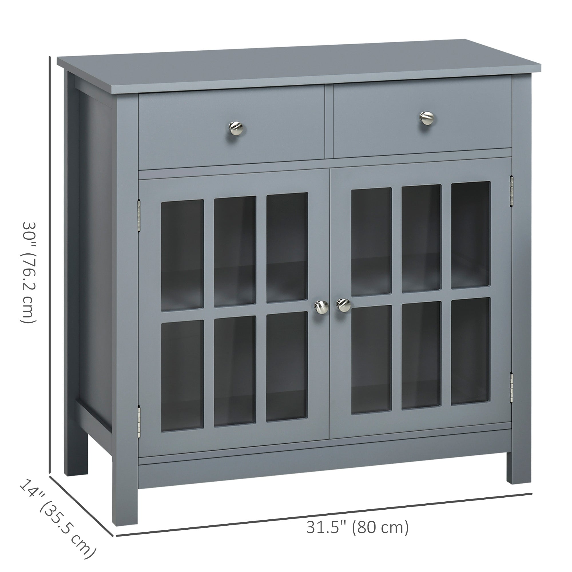 HOMCOM Sideboard Buffet Cabinet, Accent Kitchen Cabinet with Glass Doors, Shelf and 2 Drawers, Grey