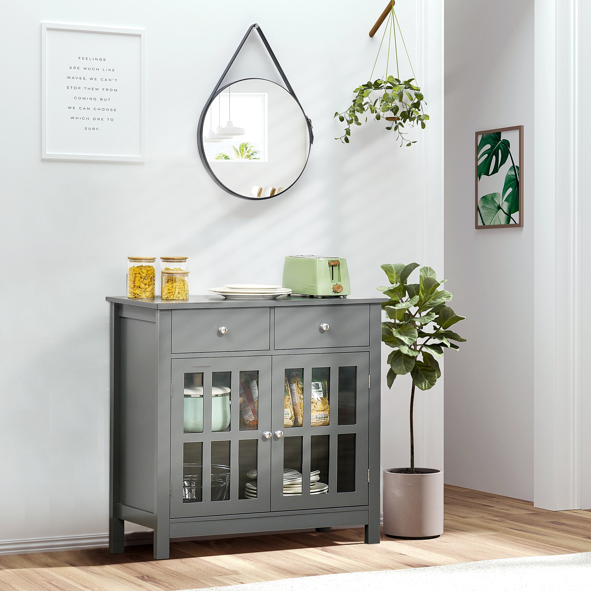 HOMCOM Sideboard Buffet Cabinet, Accent Kitchen Cabinet with Glass Doors, Shelf and 2 Drawers, Grey