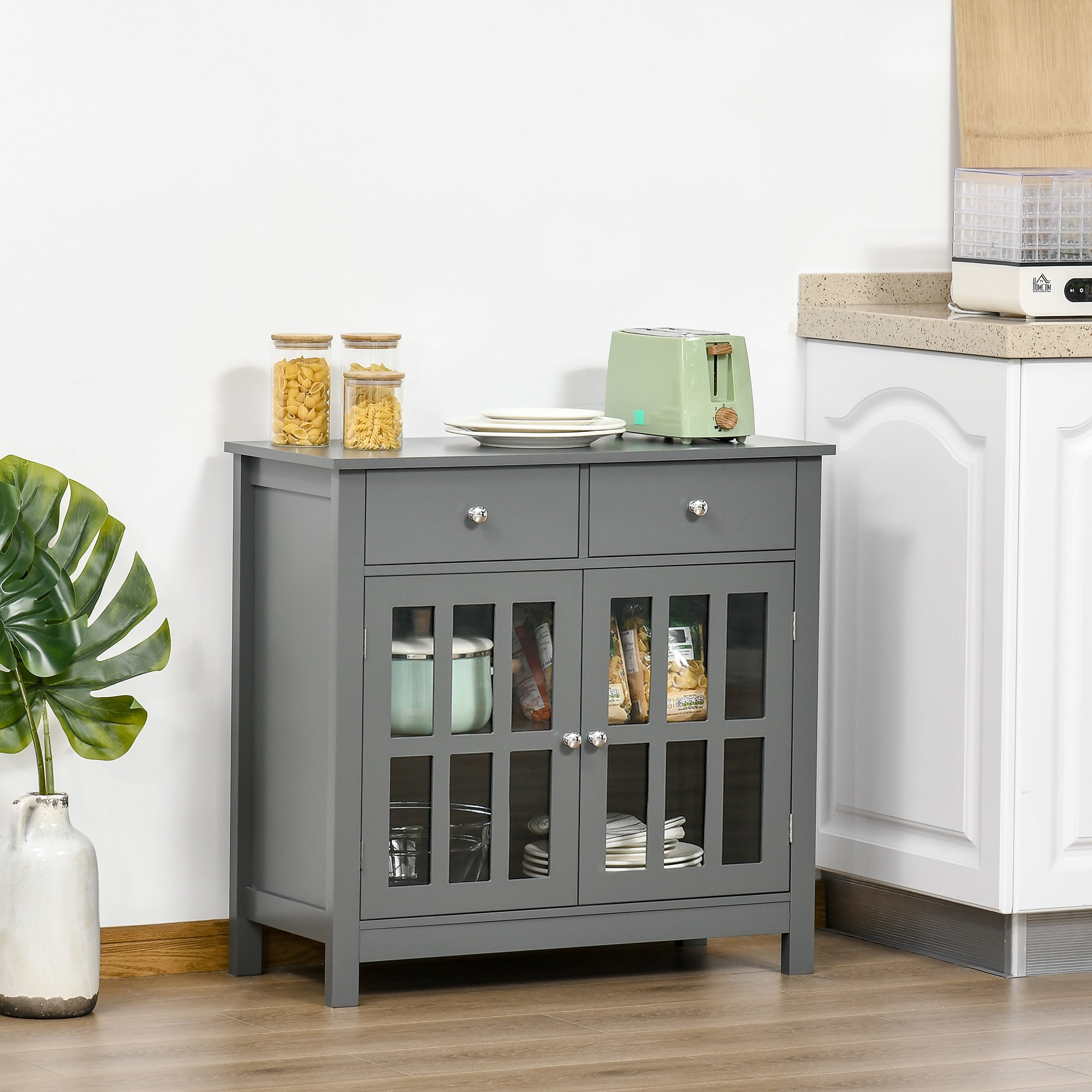 HOMCOM Sideboard Buffet Cabinet, Accent Kitchen Cabinet with Glass Doors, Shelf and 2 Drawers, Grey