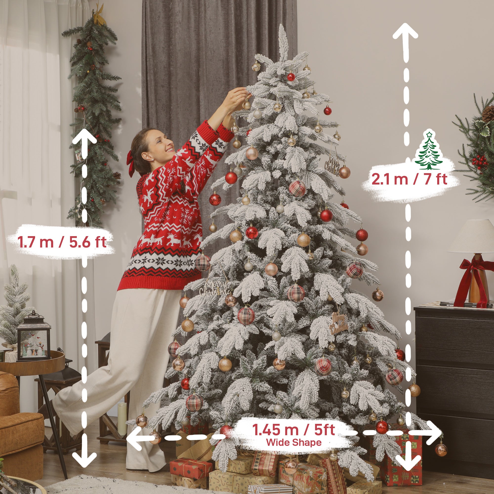 7ft Artificial Christmas Tree, Snow Flocked Christmas Tree with Realistic Dense Branches, Hinged Design, Metal Stand, Wide Shape, Easy Assembly, Xmas Home Decoration, Green White
