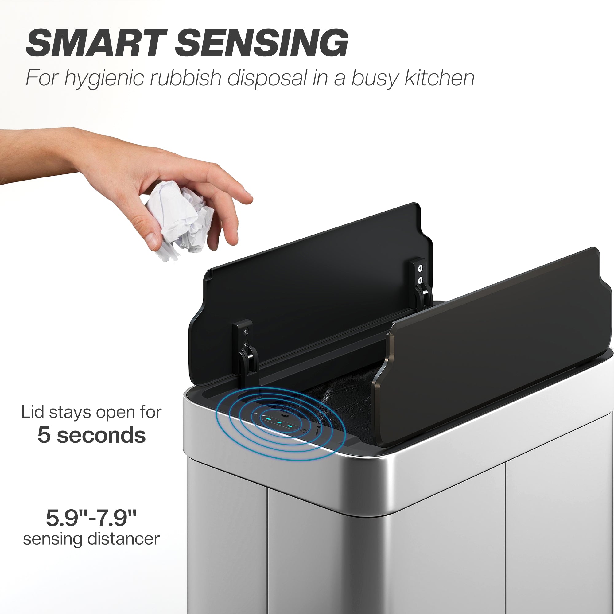 55L Sensor Bin, Large Automatic Touchless Rubbish Bin with Soft-Close Lid, Fingerprint-Proof Stainless Steel, Rectangular Trash Can for Kitchen, Gym, Home Office, Silver Tone