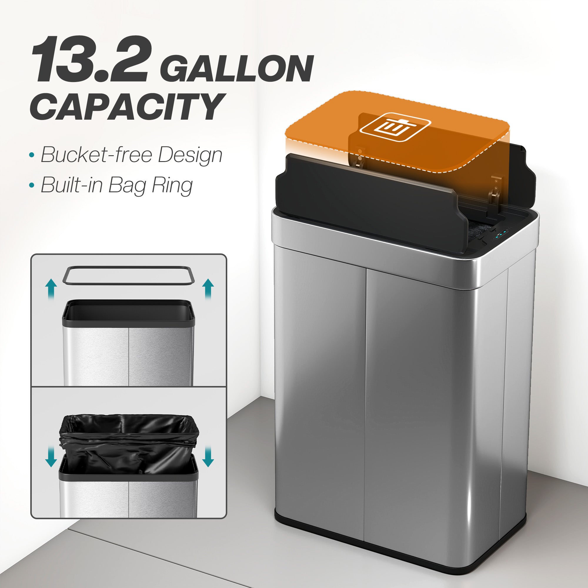 55L Sensor Bin, Large Automatic Touchless Rubbish Bin with Soft-Close Lid, Fingerprint-Proof Stainless Steel, Rectangular Trash Can for Kitchen, Gym, Home Office, Silver Tone