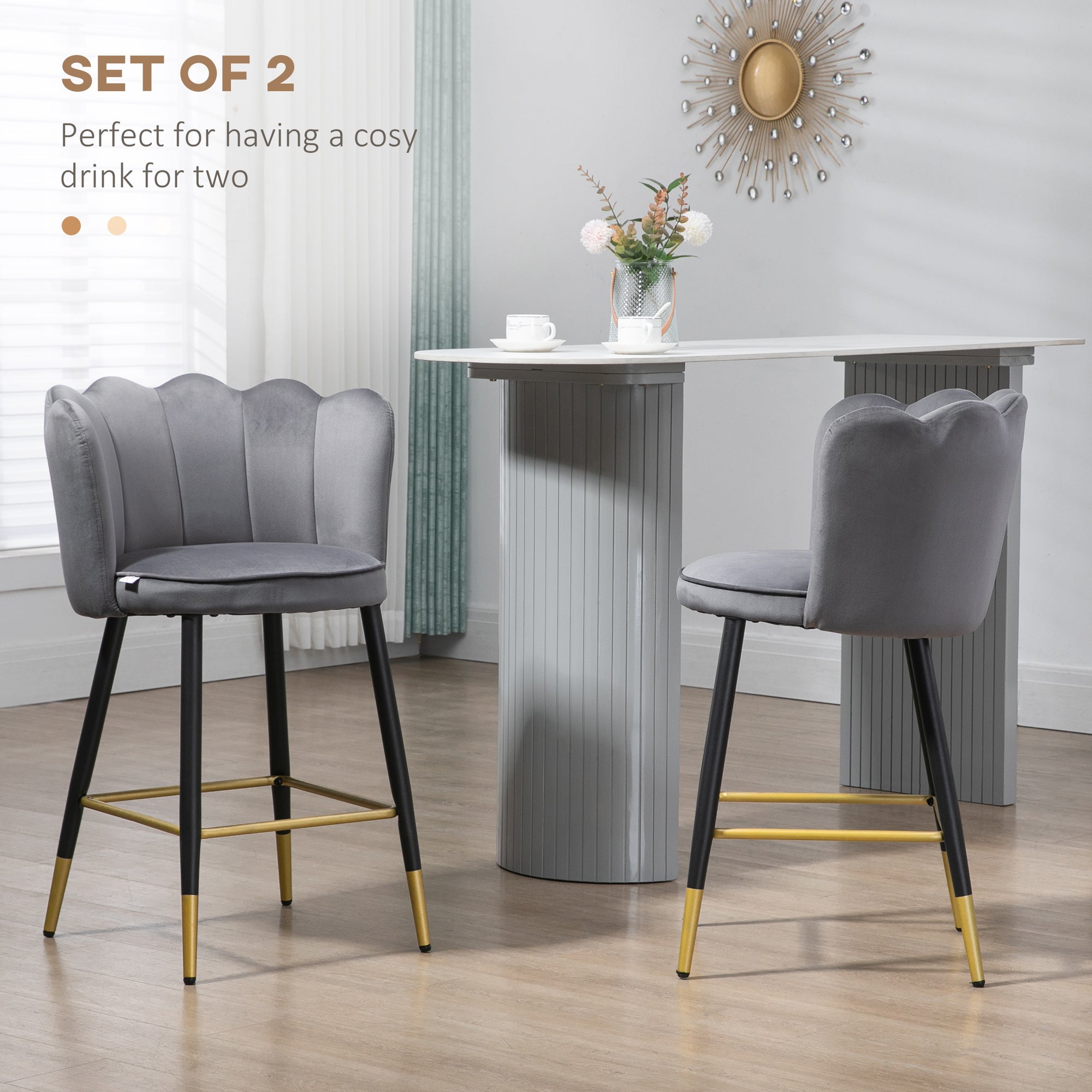 HOMCOM Modern Bar Stools Set of 2, Upholstered Counter Height Barstools, Bar Chairs for Kitchen with Back, Footrest, Steel Base, Charcoal Grey