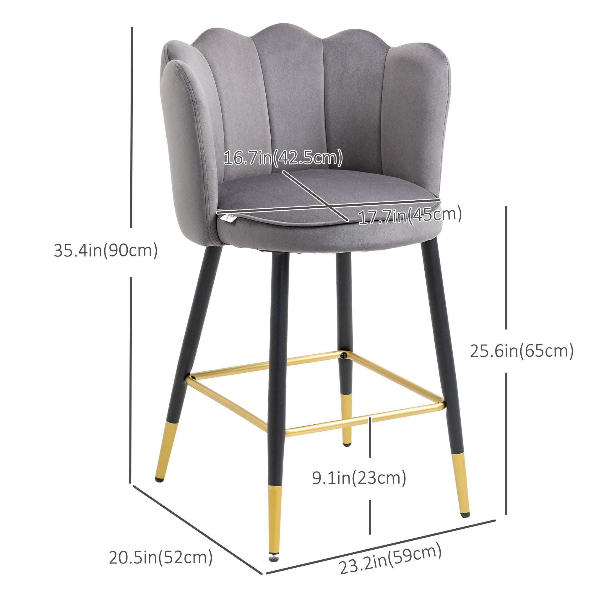 HOMCOM Modern Bar Stools Set of 2, Upholstered Counter Height Barstools, Bar Chairs for Kitchen with Back, Footrest, Steel Base, Charcoal Grey