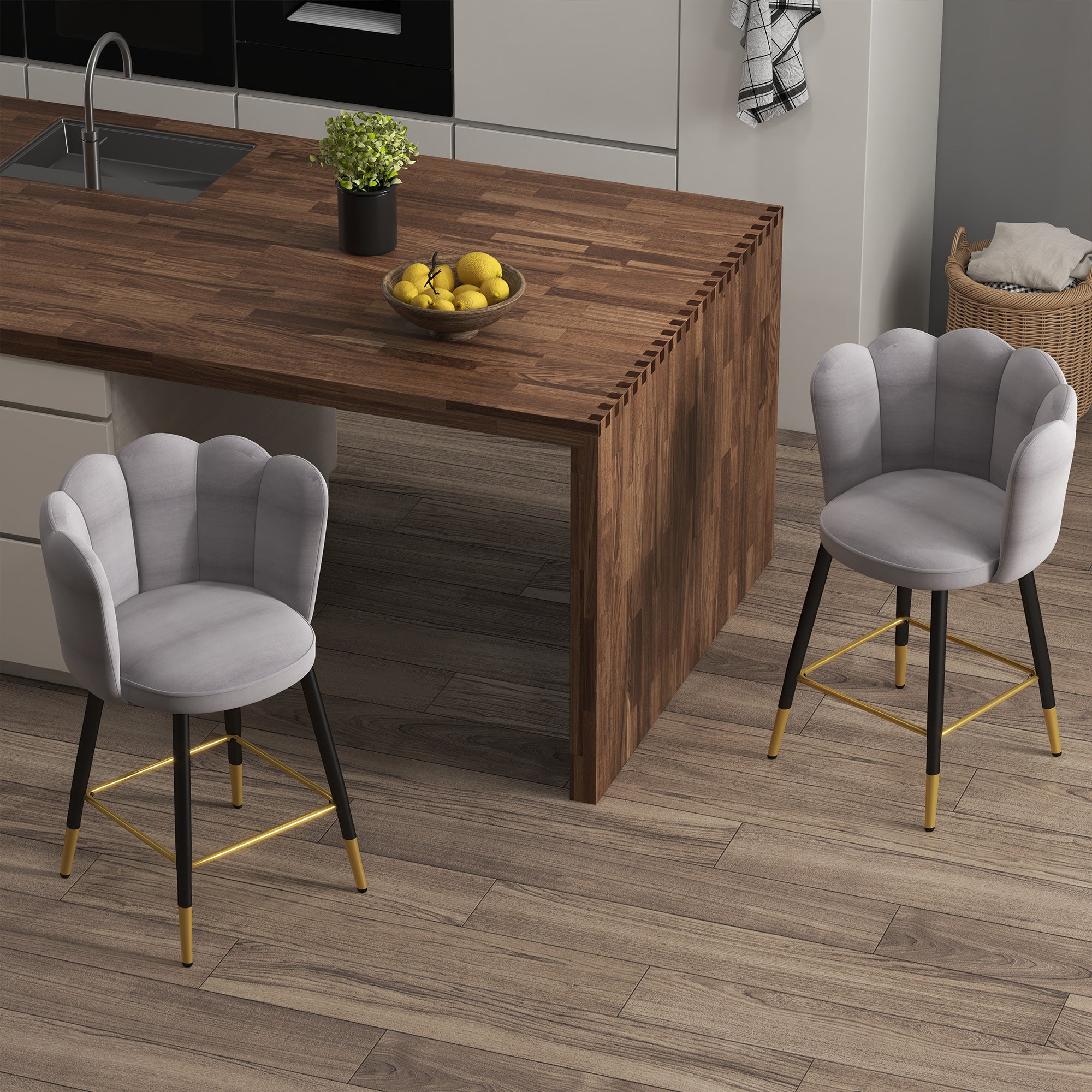 HOMCOM Modern Bar Stools Set of 2, Upholstered Counter Height Barstools, Bar Chairs for Kitchen with Back, Footrest, Steel Base, Charcoal Grey