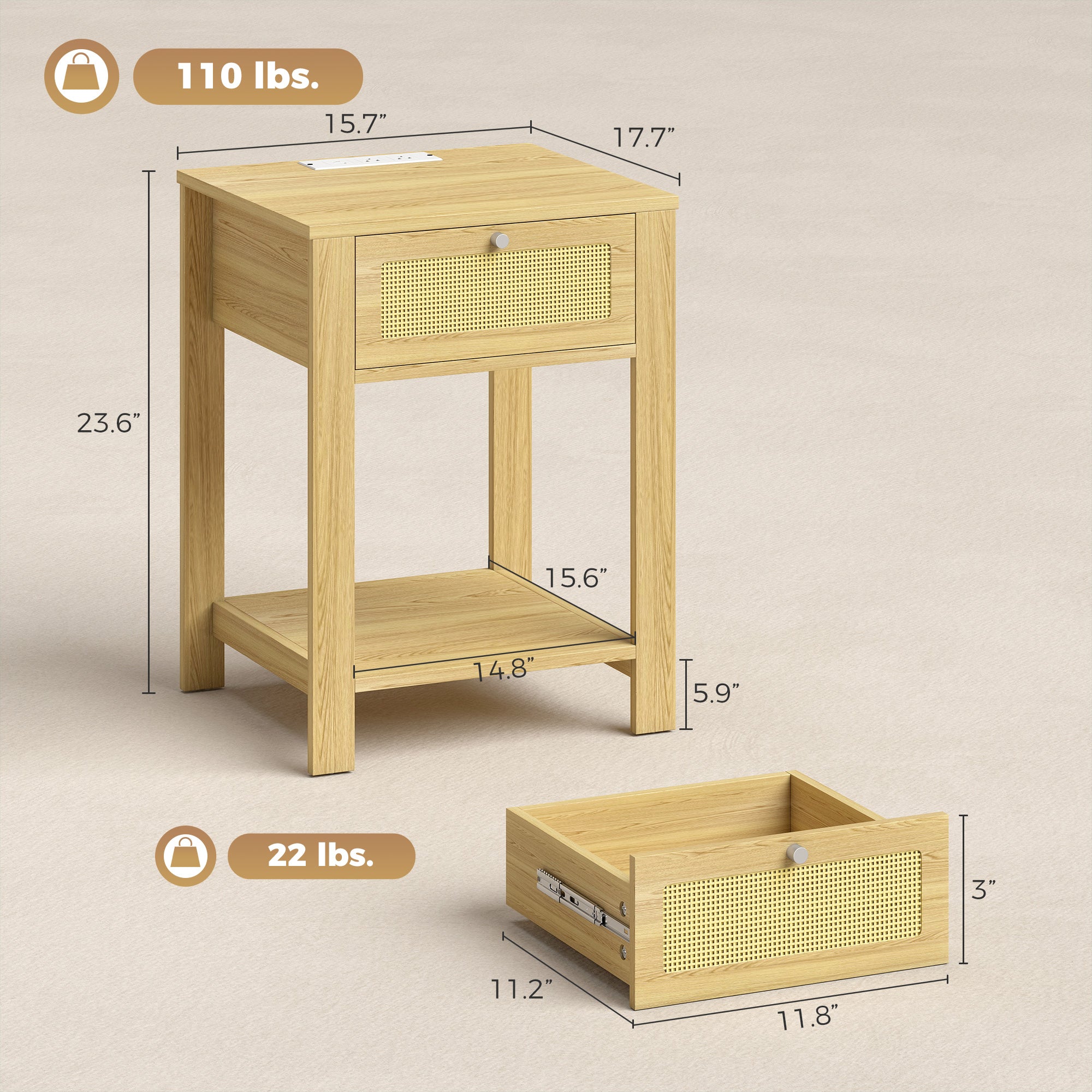 End Table Set of 2 with Charging Station, Bed Side Tables Set with Drawer, Open Storage Shelf, Rattan-Like Drawer Front, Modern Farmhouse for Living Room, Natural Wood