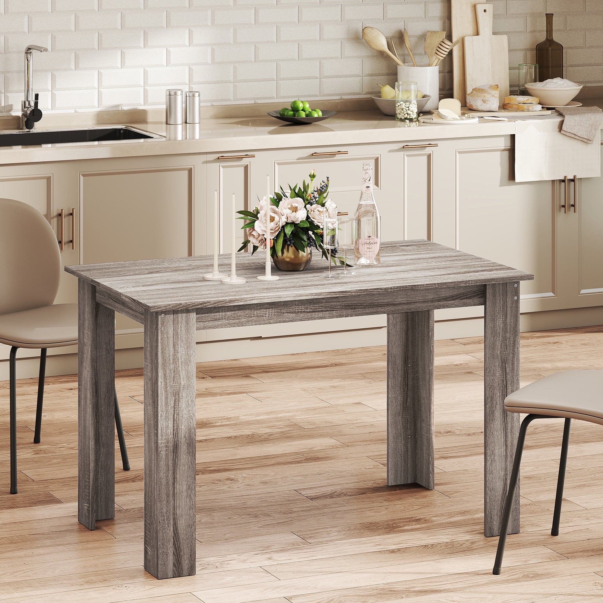 47" Dining Table for 4-6 People, Mid-Century Modern Rectangular Kitchen Table with Wood Effect for Dining Room, Living Room, Light Gray