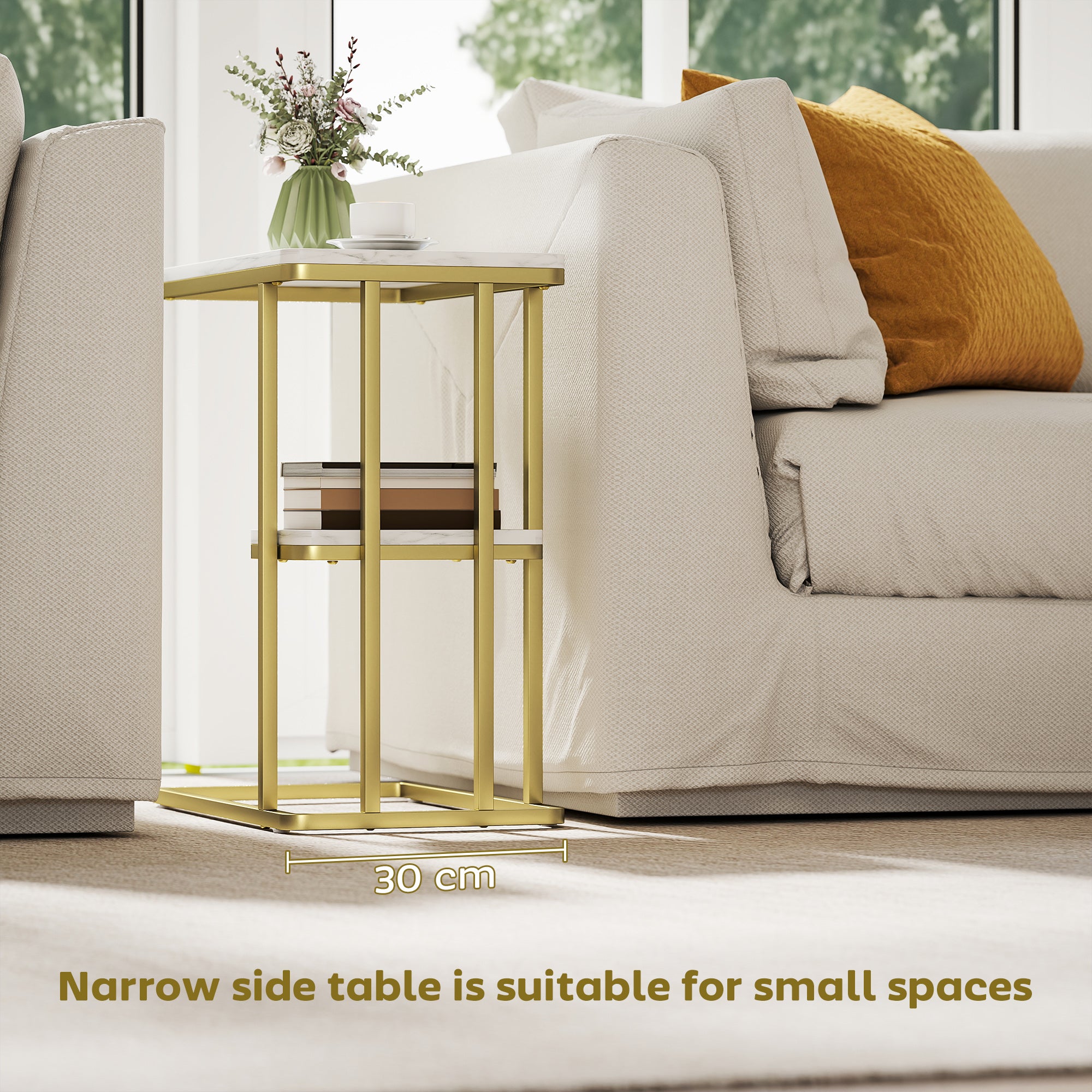 C-Shaped Narrow Side Table, 2-Tier Slim End Table with Storage Shelf, Modern Nightstand for Small Spaces, Living Room, Bedroom, 50 x 30 x 57.5 cm, White Marble Grain